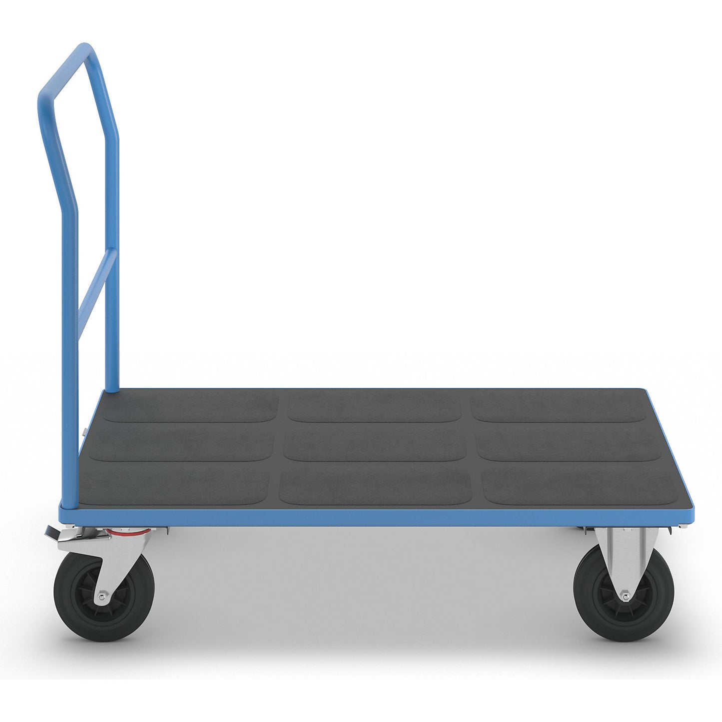 Platform truck with mesh panels, tubular push handle, solid rubber tyres, LxW 1250 x 800 mm, light blue.