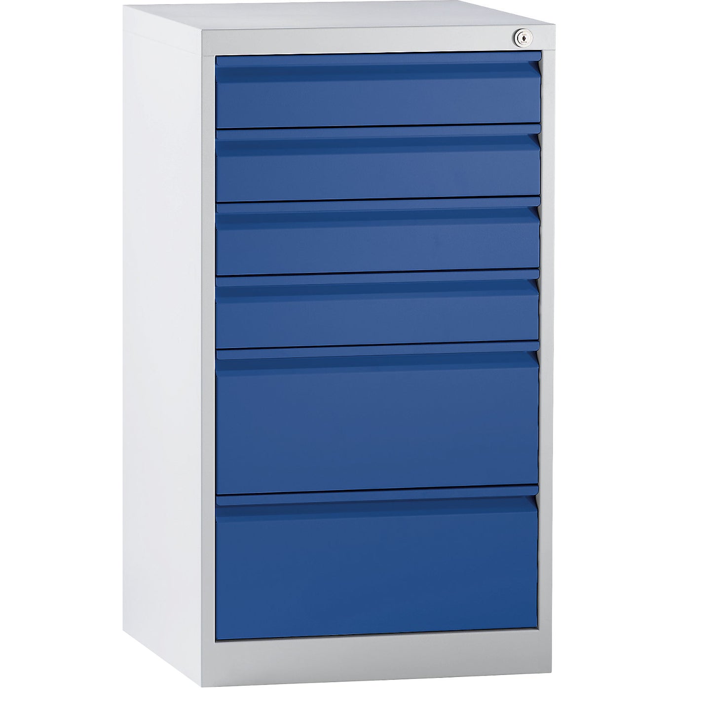 Drawer cupboard, steel, HxWxD 900 x 500 x 500 mm, 6 drawers, gentian blue drawers.