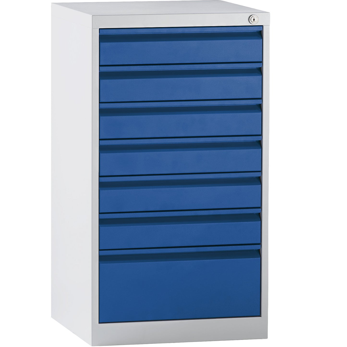 Drawer cupboard, steel, HxWxD 900 x 500 x 500 mm, 7 drawers, gentian blue drawers.