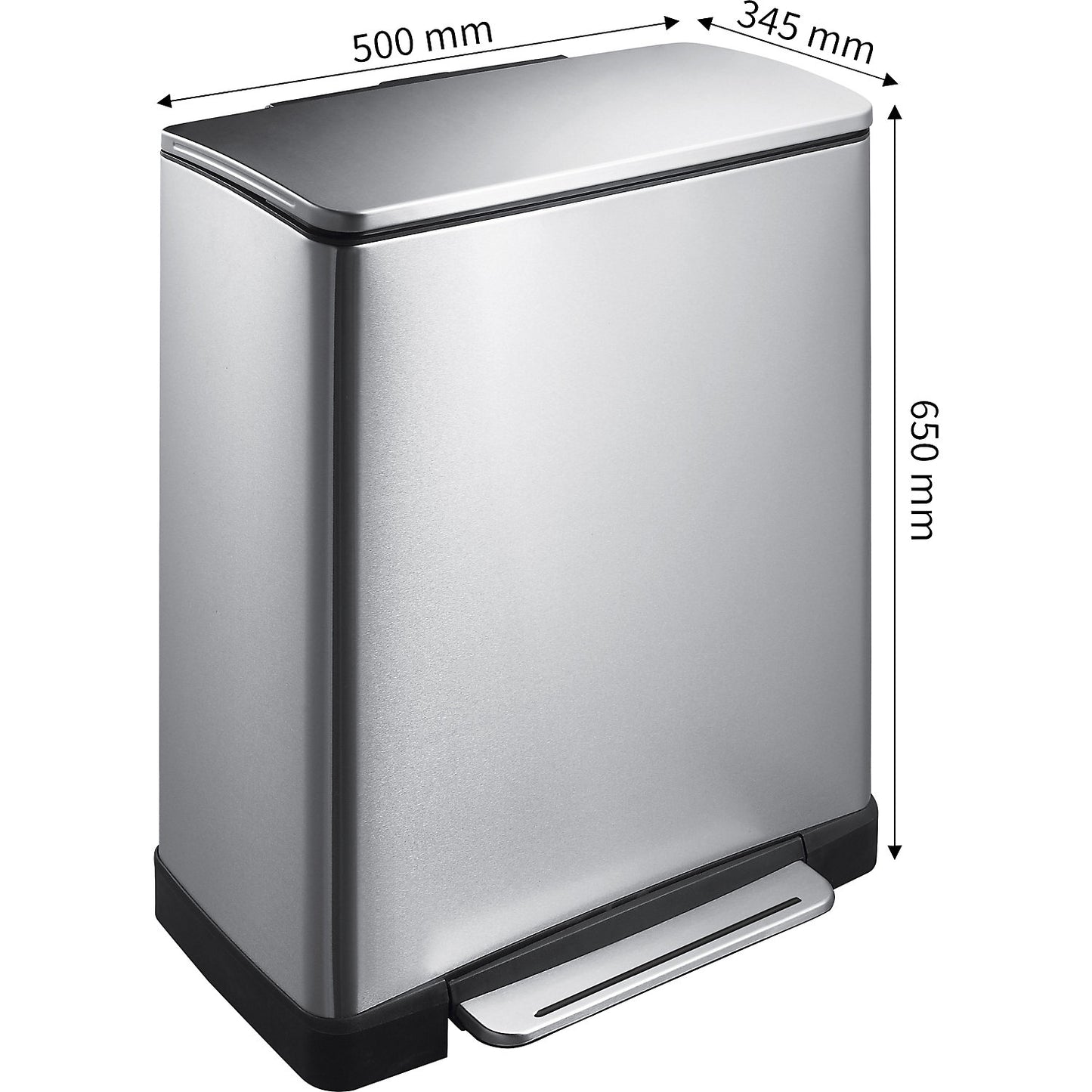 Stainless steel waste collector with pedal, rectangular, capacity 50 l, non-fingerprint finish.
