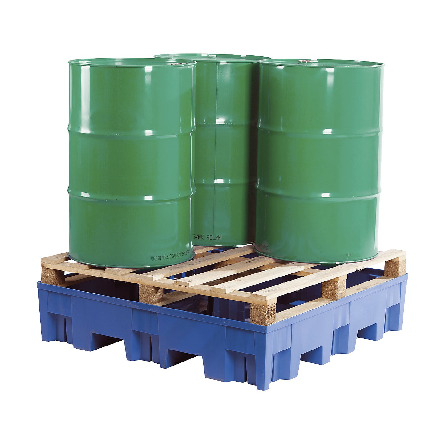 PE drum sump for 4 x 200 l drums, LxW 1235 x 1235 mm, sump capacity 255 l, without grate.