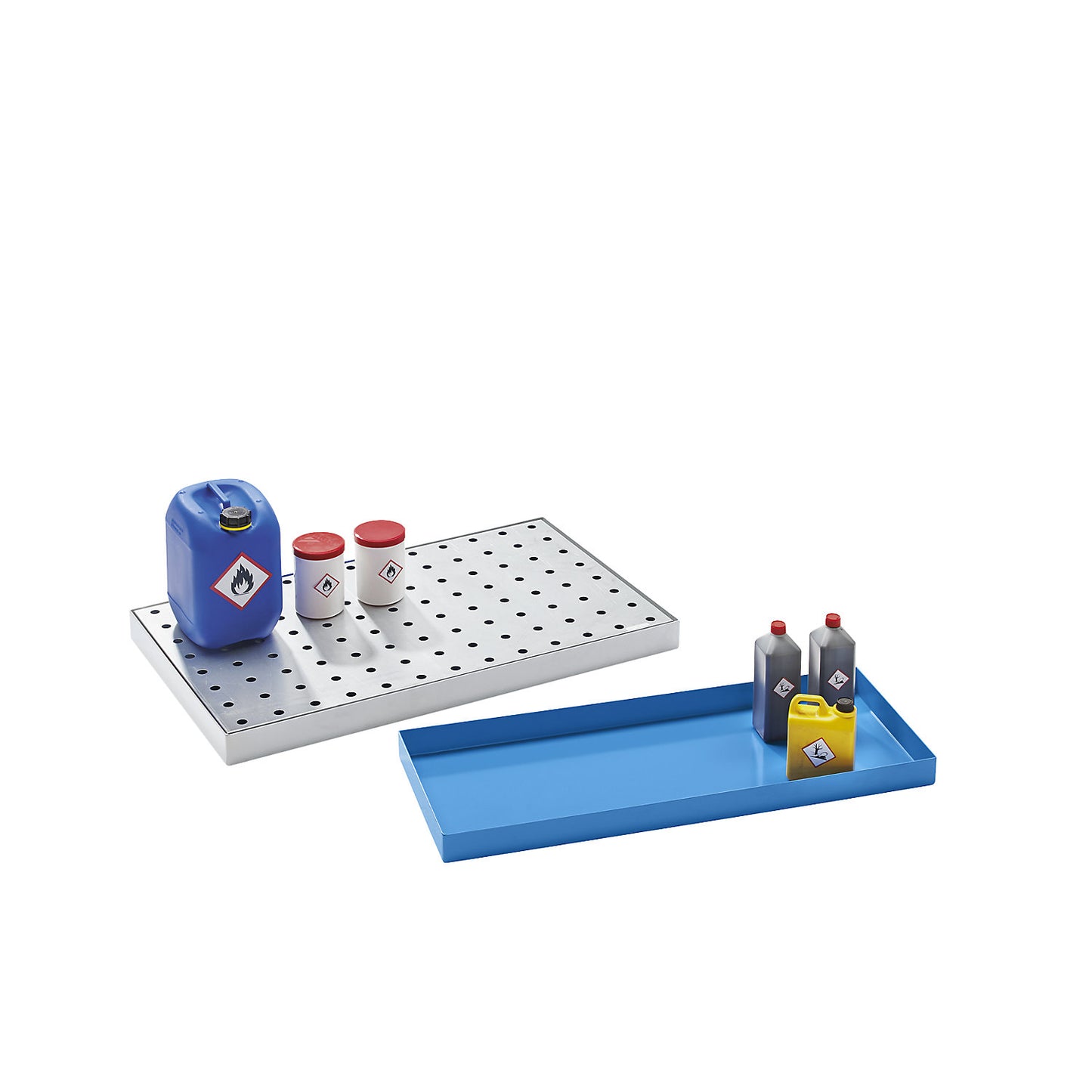 Steel sump tray for small containers, LxWxH 940 x 370 x 60 mm, with certification, sump capacity 20 l, light blue.