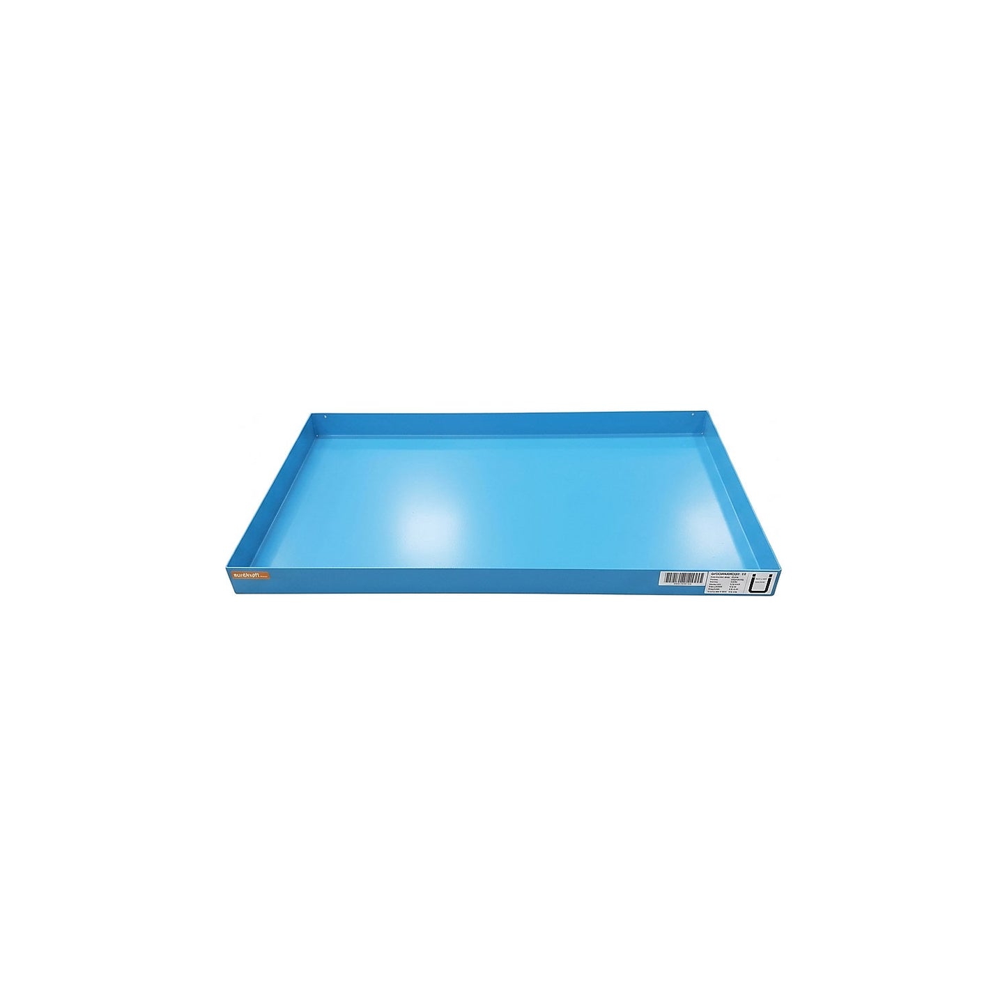 Steel sump tray for small containers, LxWxH 1000 x 600 x 70 mm, with certification, sump capacity 30 l, light blue.