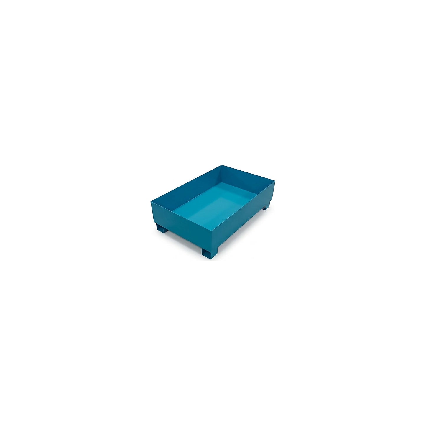 Steel sump tray for 200 l drums, LxWxH 1200 x 800 x 360 mm, without certification, powder coated blue, without grate.
