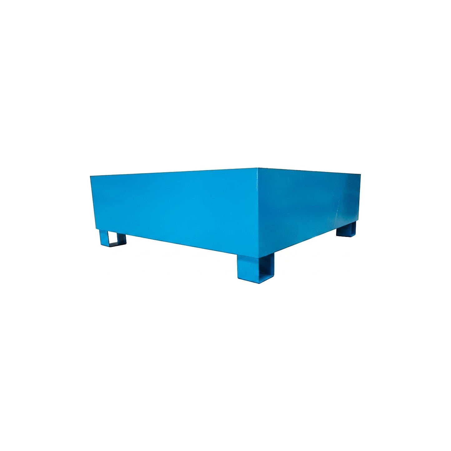 Steel sump tray for 200 l drums, LxWxH 1200 x 1200 x 415 mm, without certification, powder coated blue, without grate.