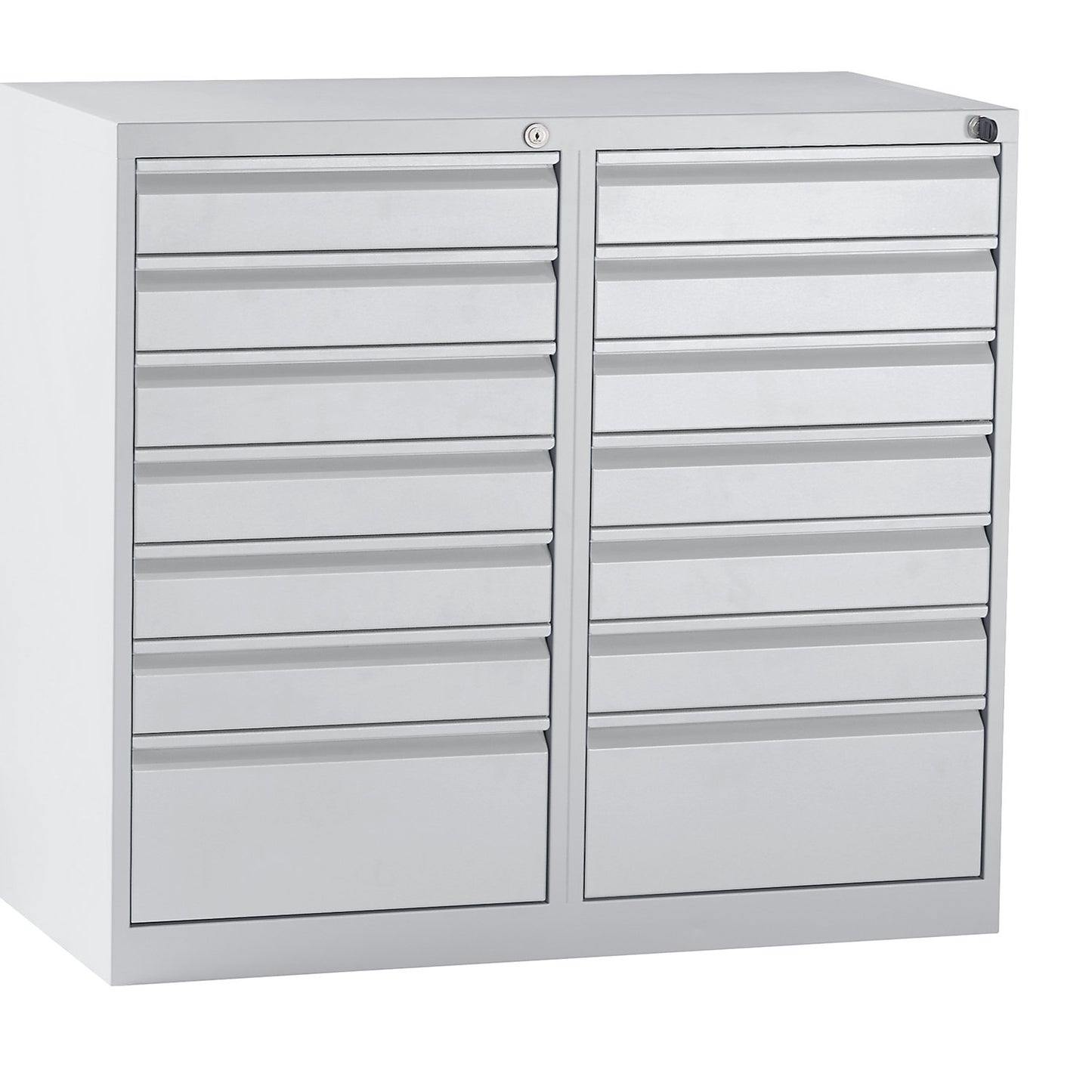 Drawer cupboard, steel, HxWxD 900 x 1000 x 500 mm, 14 drawers, light grey drawers.