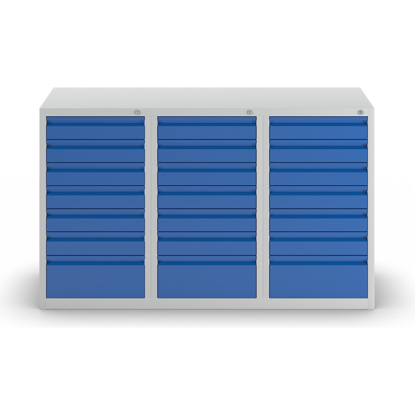 Drawer cupboard, steel, HxWxD 900 x 1500 x 500 mm, 21 drawers, gentian blue drawers.