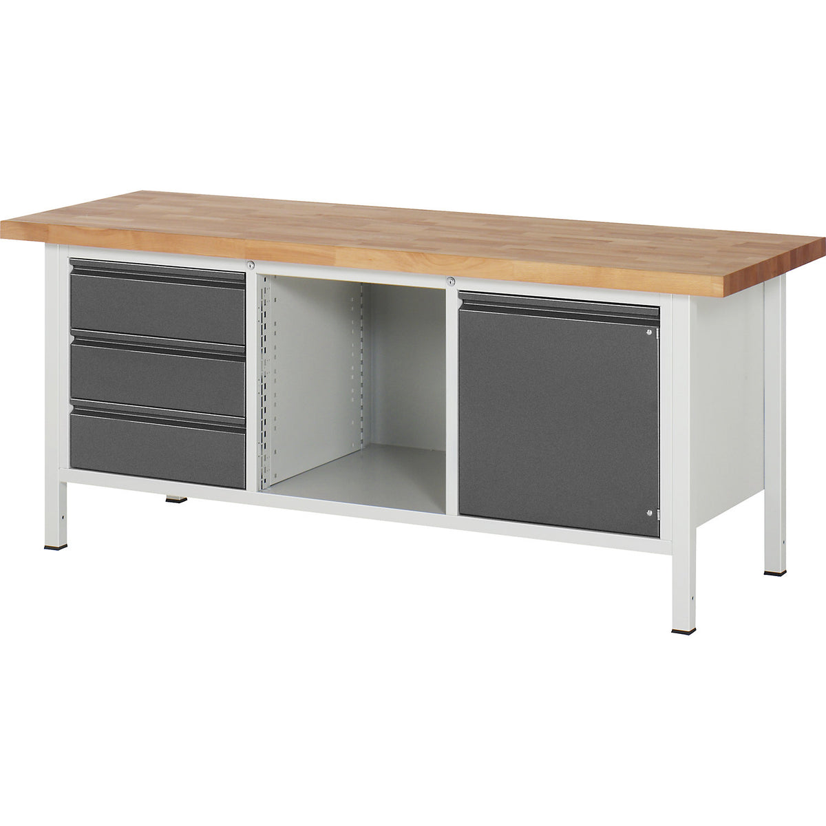 Workbench, frame construction Series 8500, 3 drawers, 1 door, 1 open compartment, worktop width 2000 mm, metallic charcoal.