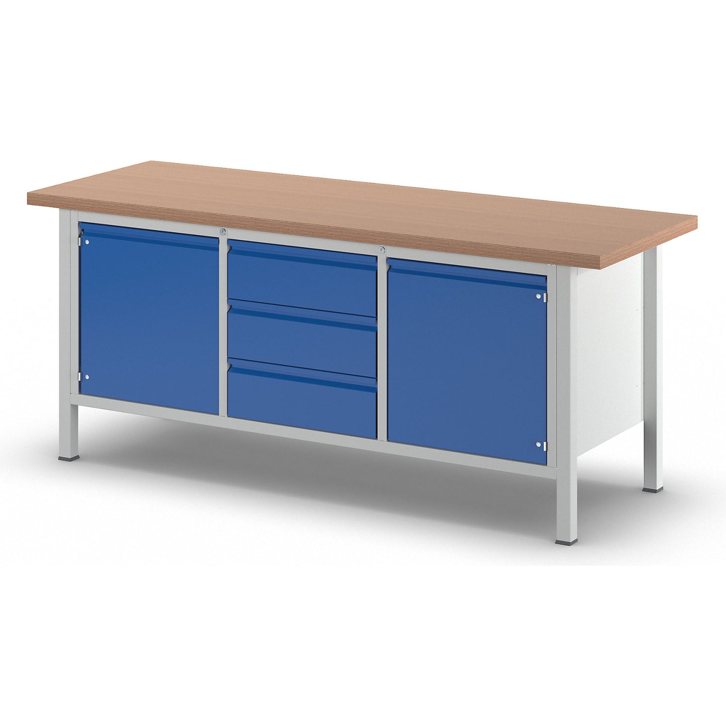 Workbench, frame construction Series 8500, 3 drawers, 2 doors, worktop width 2000 mm, gentian blue.