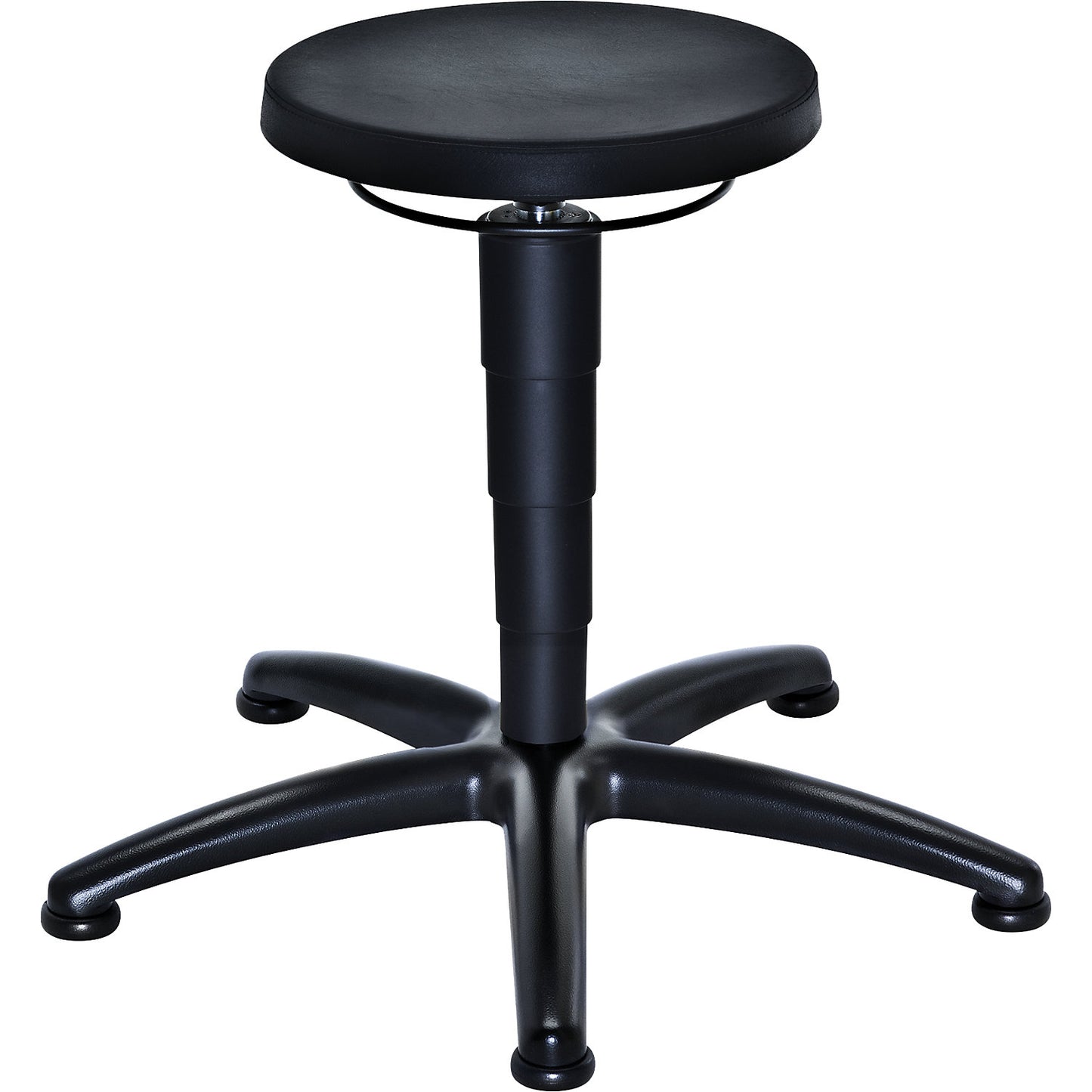 Industrial stool with gas lift height adjustment, polyurethane foam seat, with floor glides.