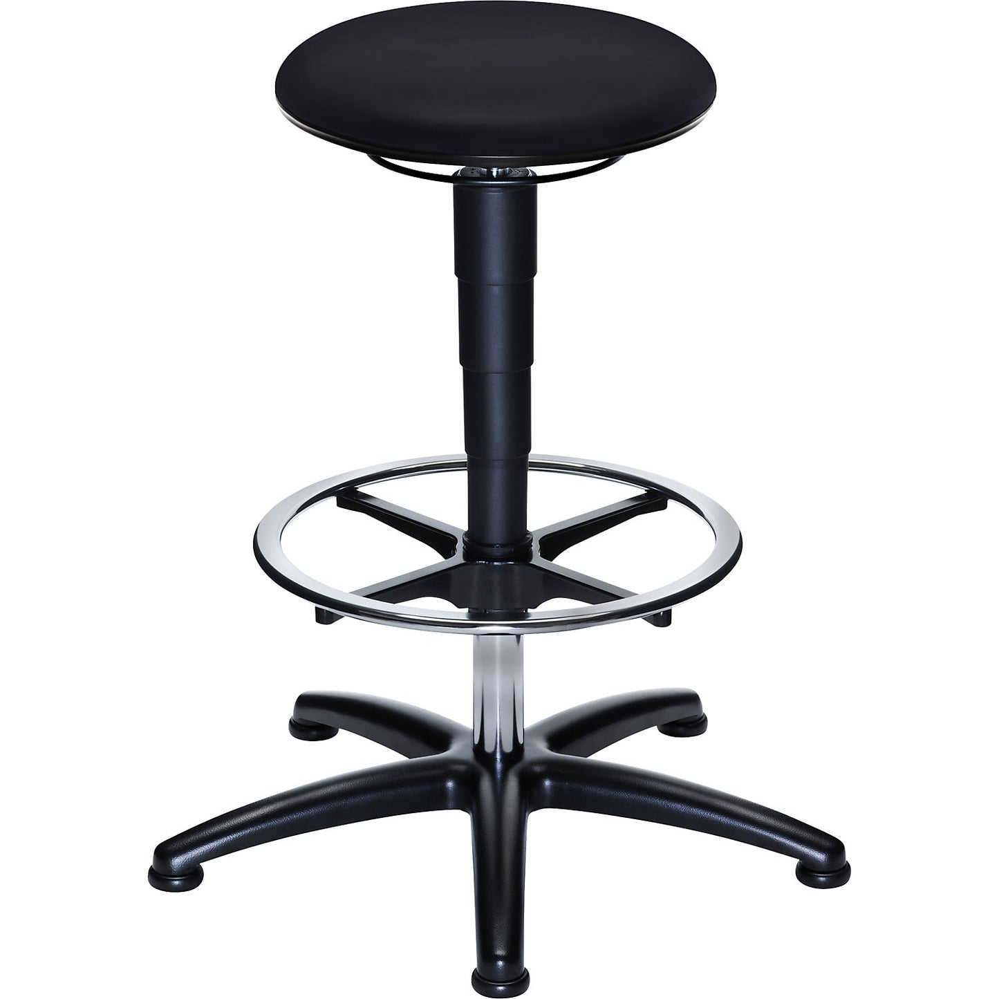 Industrial stool with gas lift height adjustment, black vinyl seat, with floor glides and foot ring.