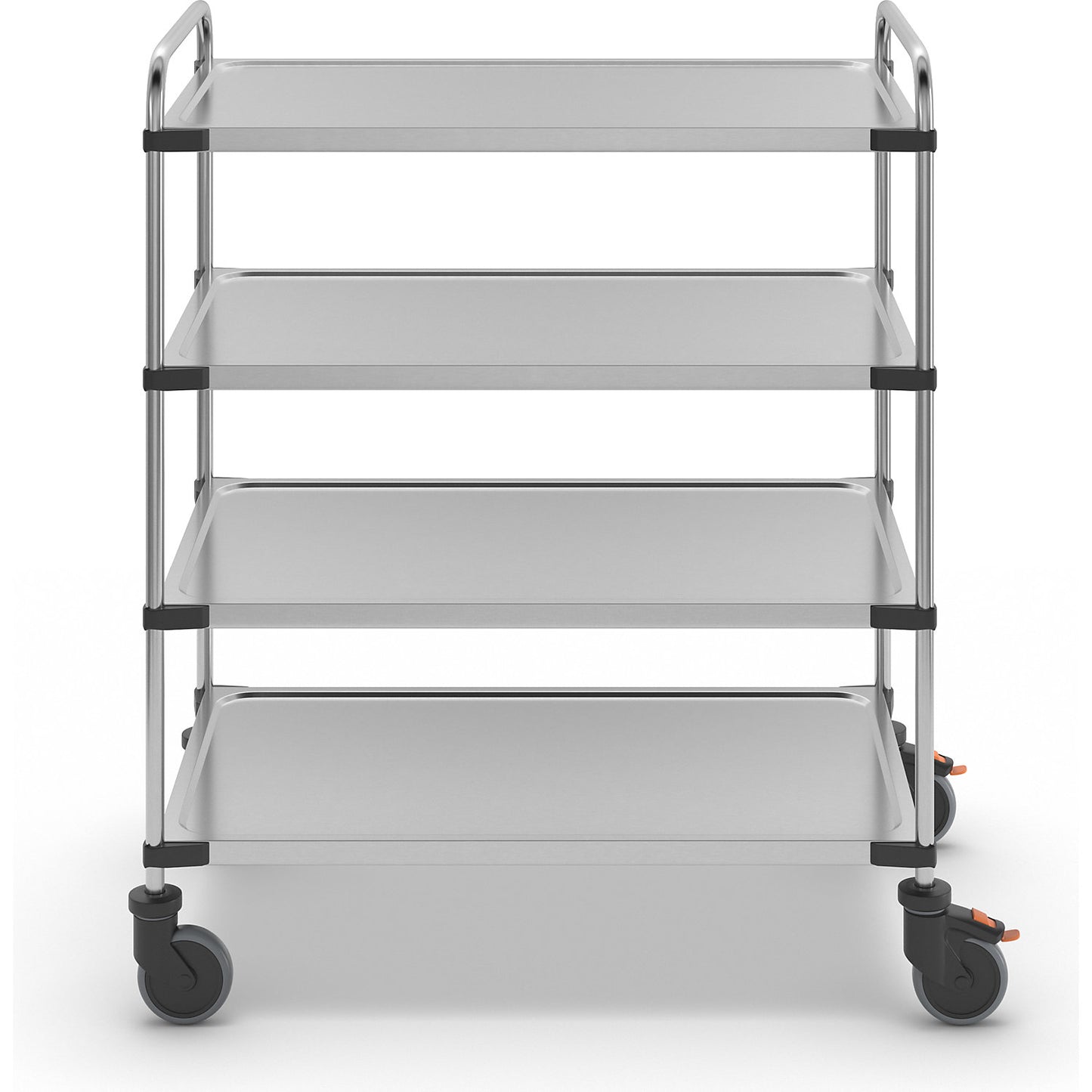 Stainless steel table trolley, with 4 shelves, LxWxH 1070 x 670 x 1260 mm, assembled.