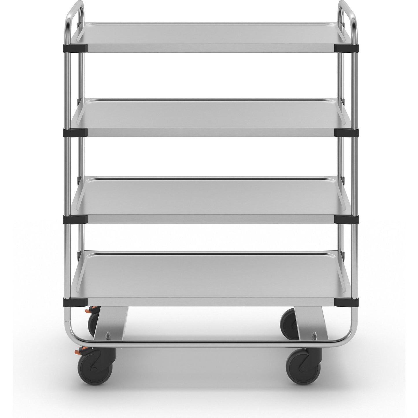 Stainless steel serving trolley, assembled, with 4 shelves, LxWxH 1035 x 535 x 1310 mm.