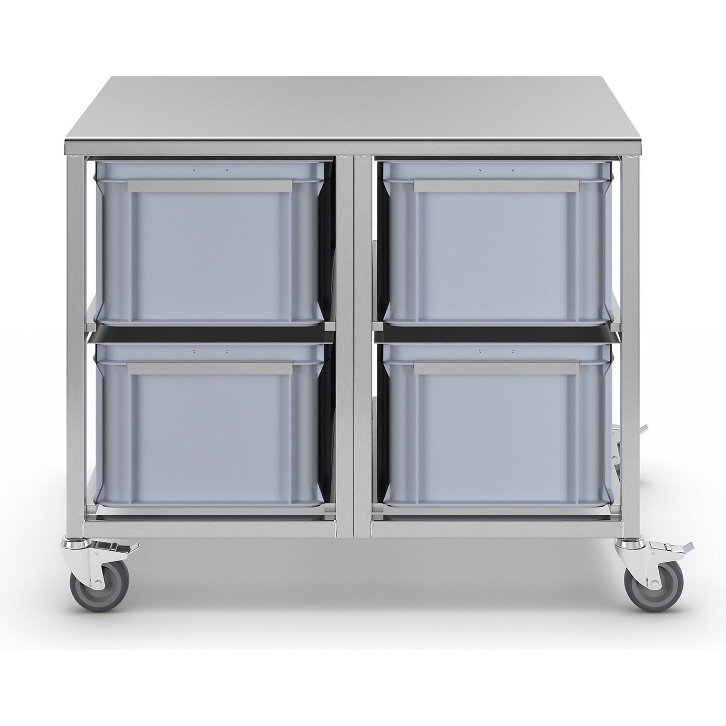 Stainless steel container trolley, 4 x 53 l containers, LxWxH 970 x 660 x 790 mm.