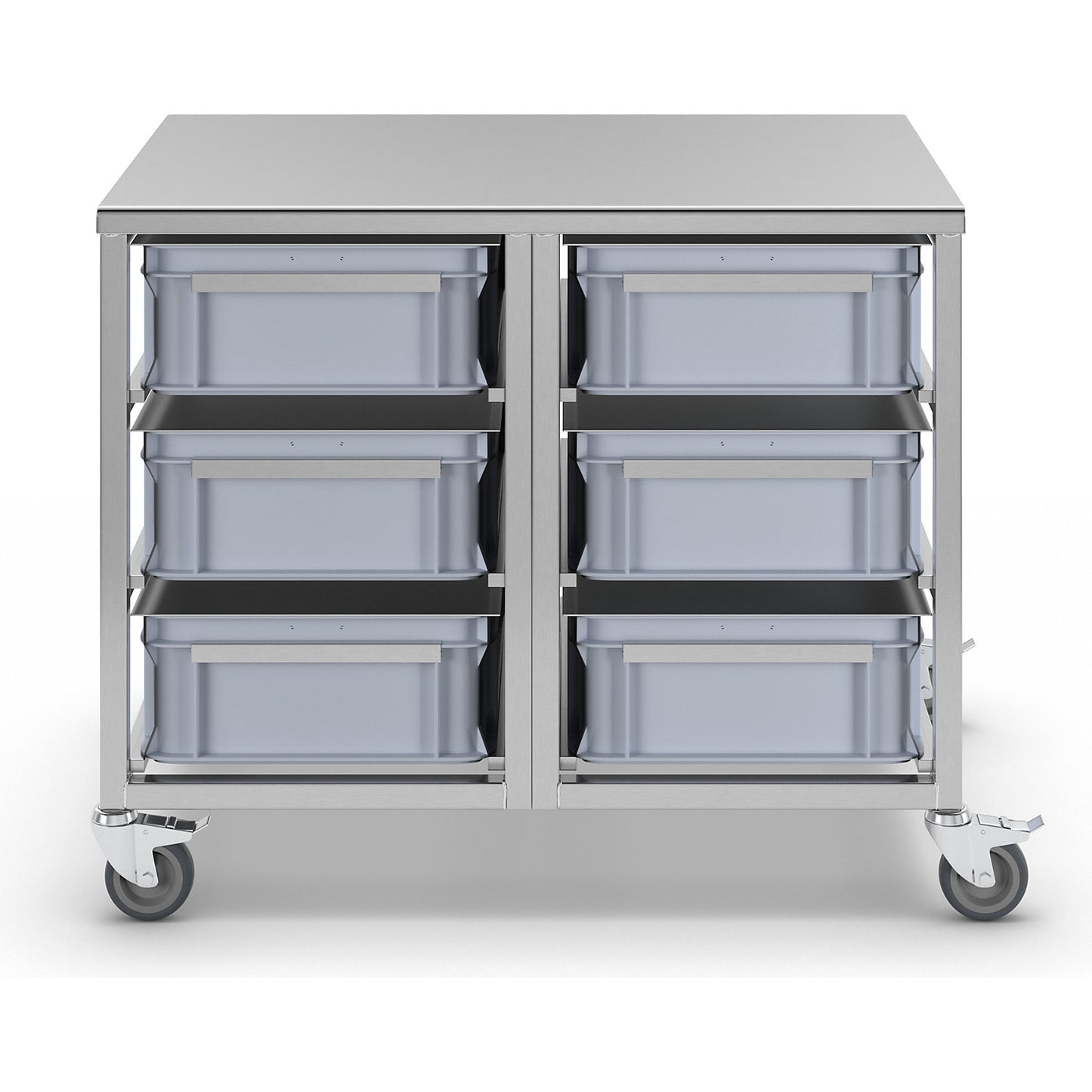 Stainless steel container trolley, 6 x 30 l containers, LxWxH 970 x 660 x 790 mm.