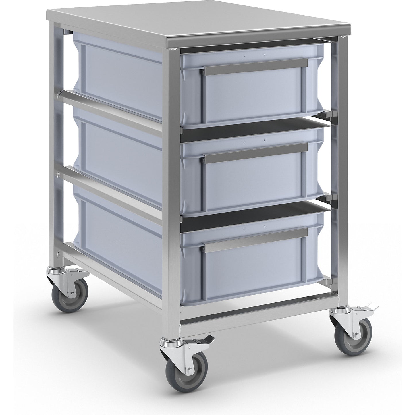 Stainless steel container trolley, 3 x 25 l containers, LxWxH 505 x 675 x 790 mm.