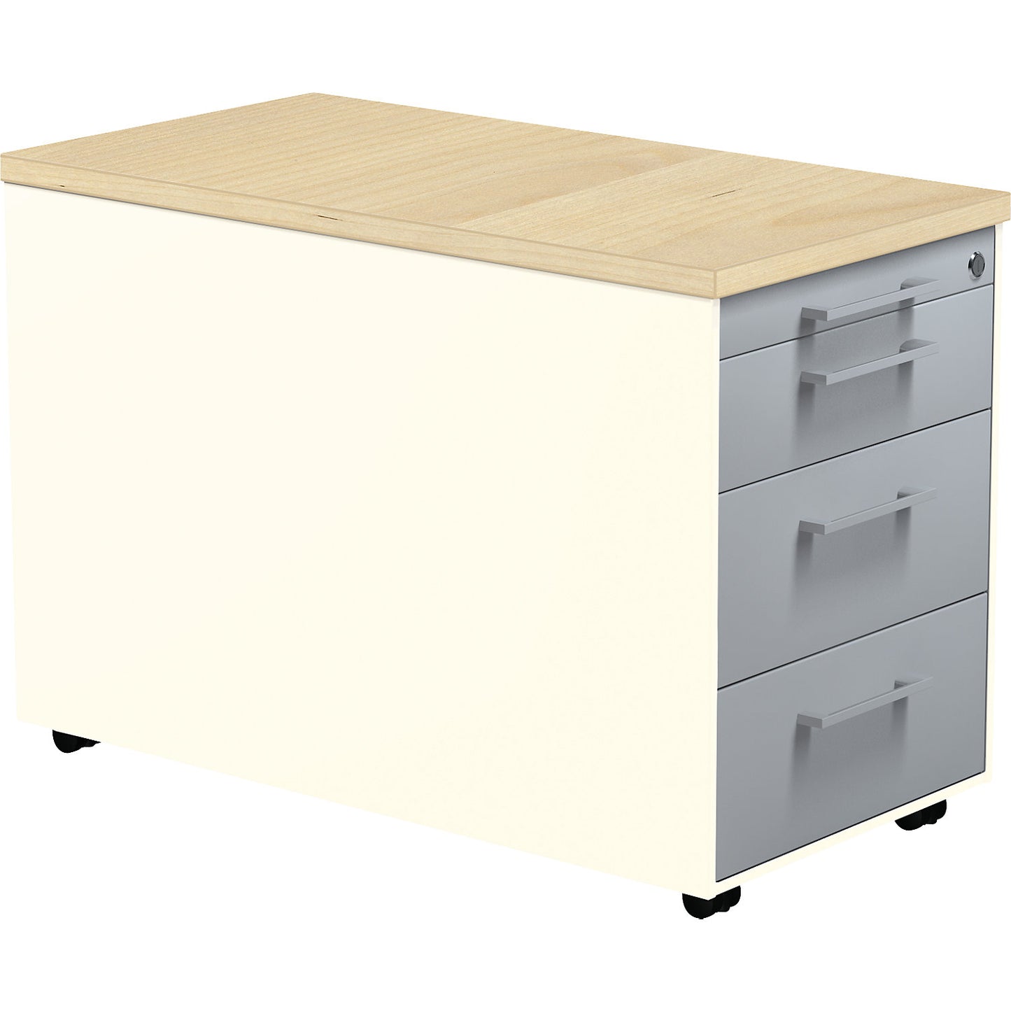 Mobile pedestal on castors, HxD 529 x 800 mm, 3 drawers, pure white / white aluminium / maple.