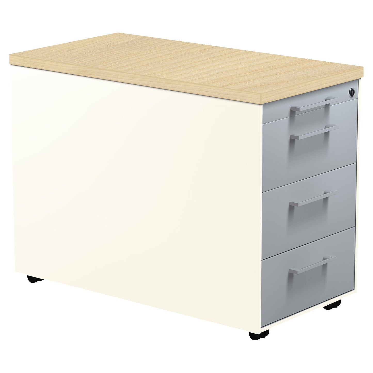 Mobile pedestal on castors, HxD 579 x 800 mm, 3 drawers, pure white / white aluminium / maple.