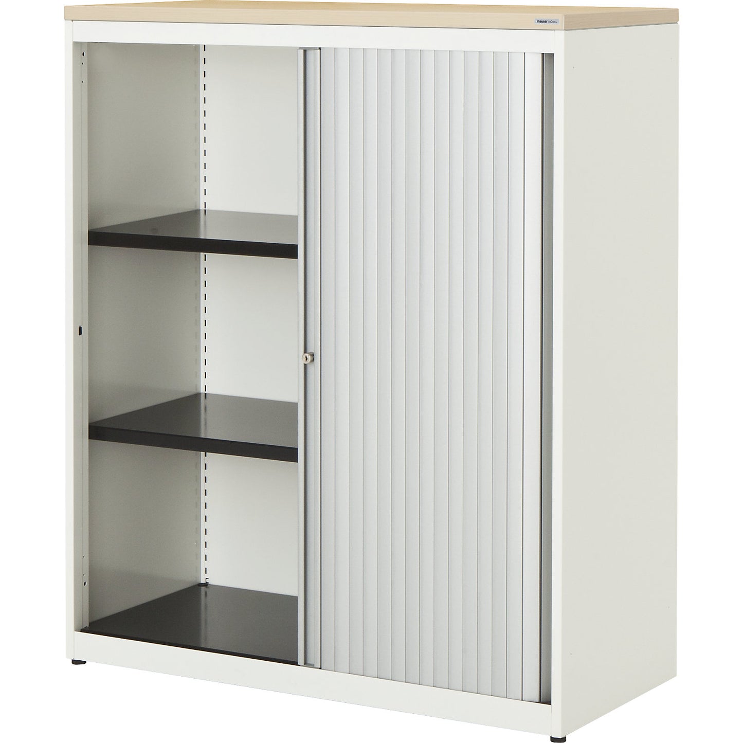Horizontal roller shutter cupboard, HxWxD 1180 x 800 x 432 mm, plastic panel, 2 shelves, pure white / aluminium colour / maple.