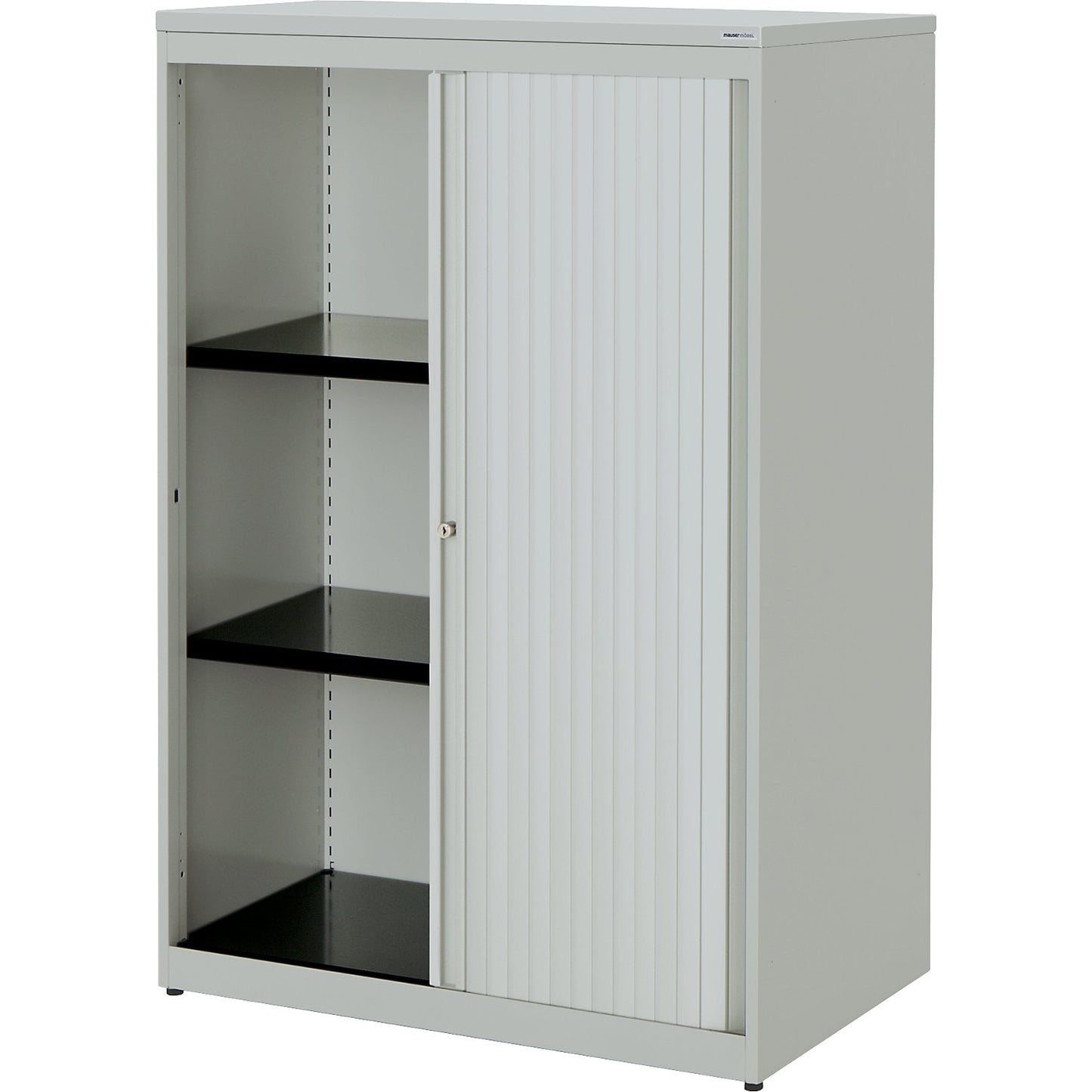 Horizontal roller shutter cupboard, HxWxD 1180 x 800 x 432 mm, plastic panel, 2 shelves, light grey / light grey / light grey.
