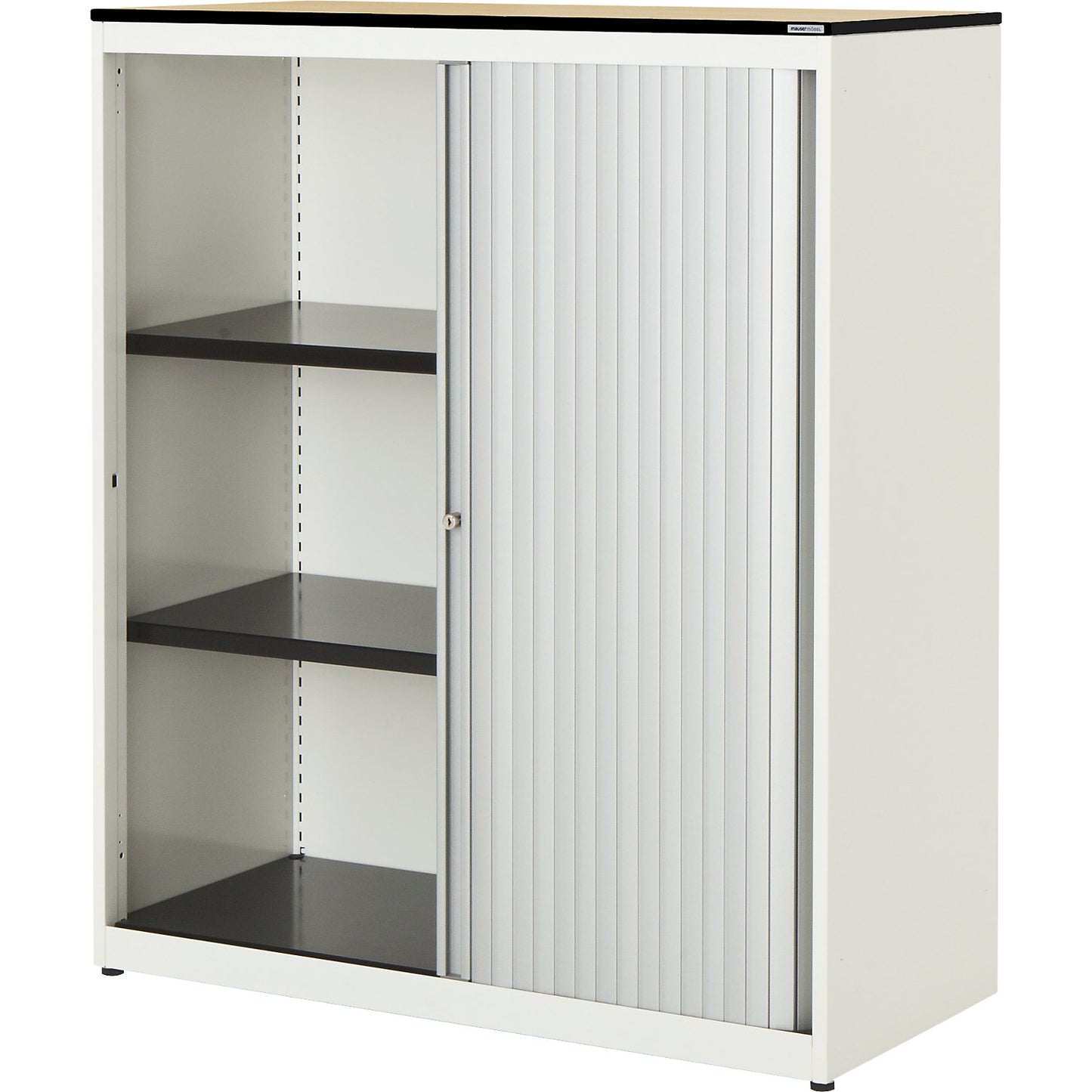 Horizontal roller shutter cupboard, HxWxD 1168 x 800 x 432 mm, solid core panel, 2 shelves, pure white / aluminium colour / maple.