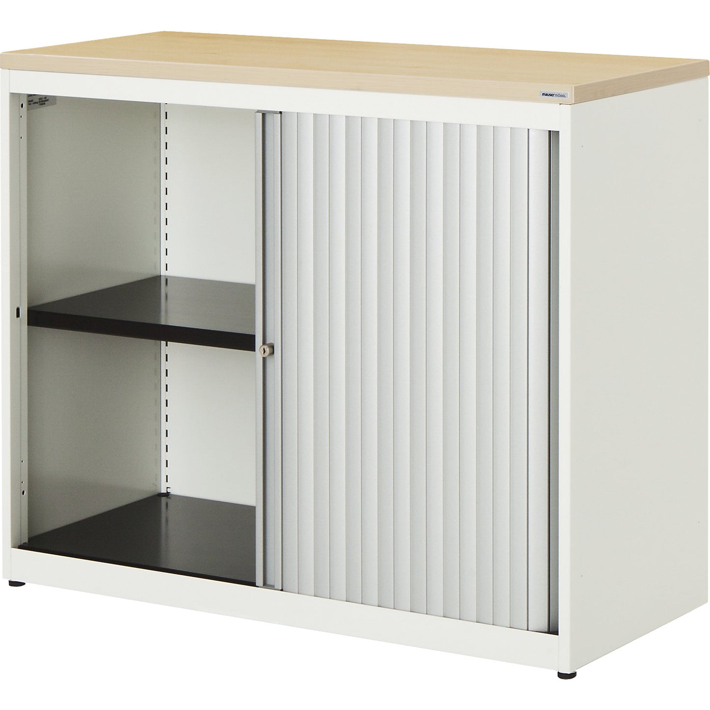 Horizontal roller shutter cupboard, HxWxD 830 x 1000 x 432 mm, plastic panel, 1 shelf, pure white / aluminium colour / maple.