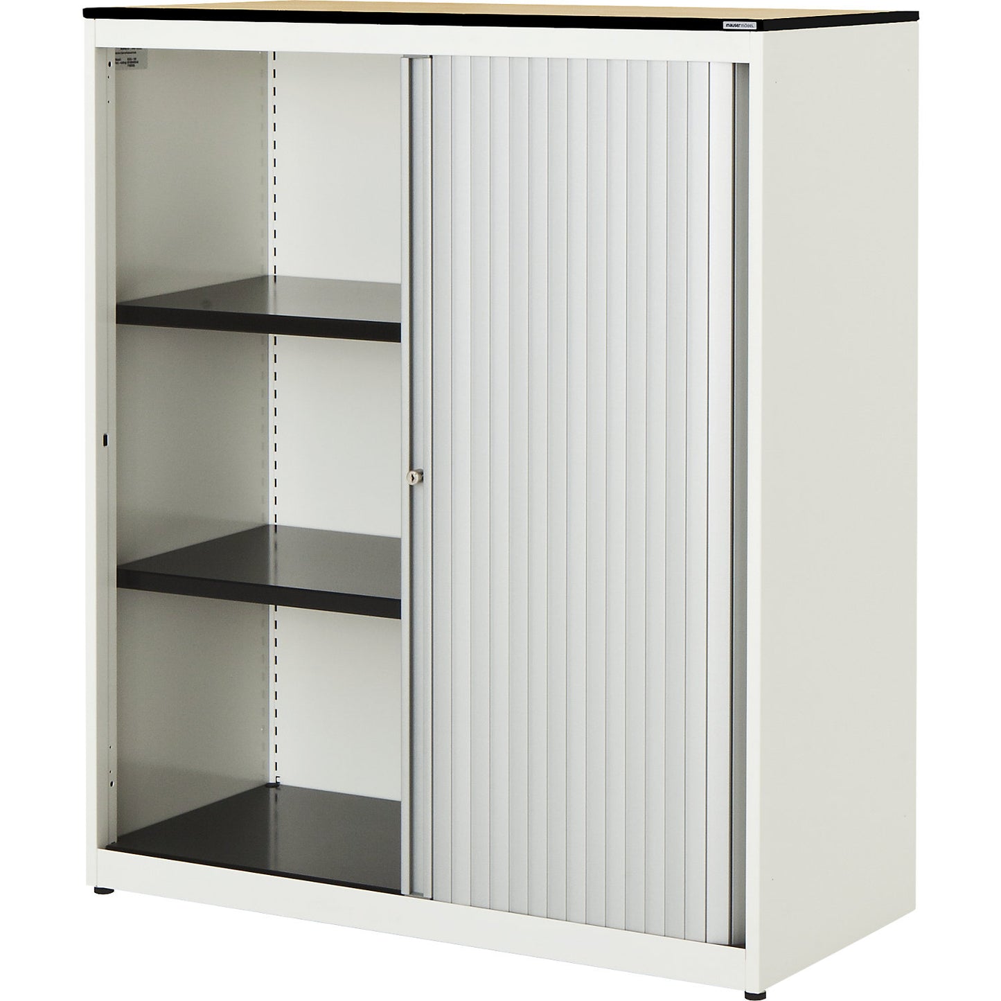 Horizontal roller shutter cupboard, HxWxD 1168 x 1000 x 432 mm, solid core panel, 2 shelves, pure white / aluminium colour / maple.
