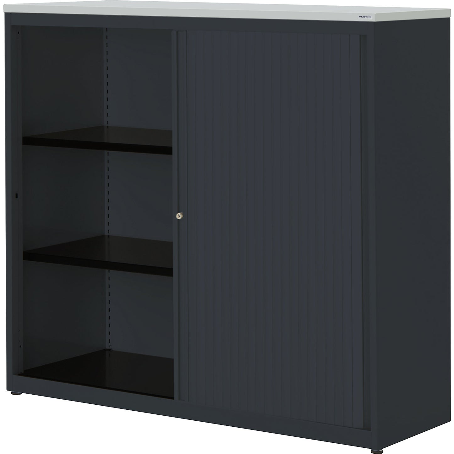 Horizontal roller shutter cupboard, HxWxD 1180 x 1200 x 432 mm, plastic panel, 2 shelves, charcoal / charcoal / light grey.