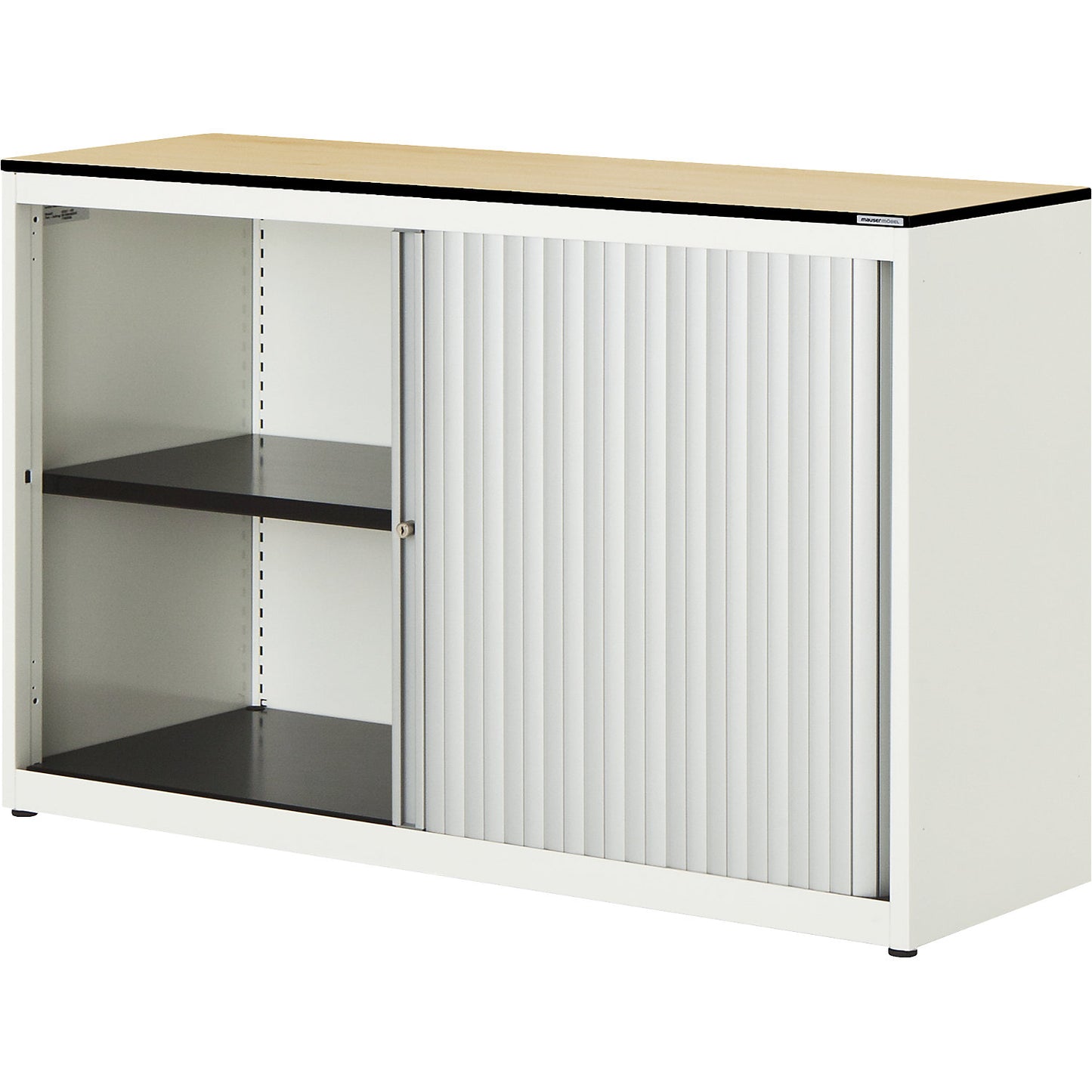 Horizontal roller shutter cupboard, HxWxD 818 x 1200 x 432 mm, solid core panel, 1 shelf, pure white / aluminium colour / maple.