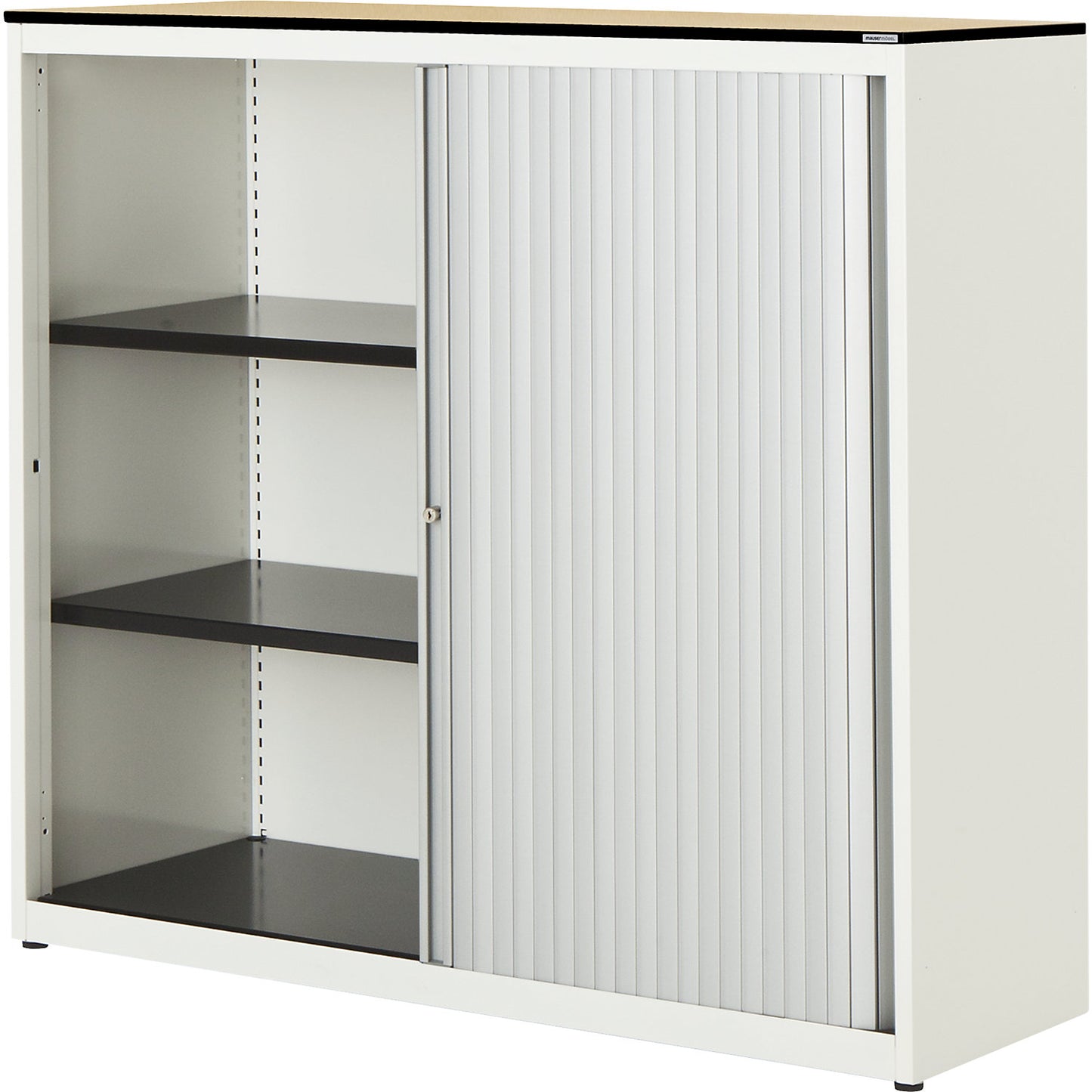 Horizontal roller shutter cupboard, HxWxD 1168 x 1200 x 432 mm, solid core panel, 2 shelves, pure white / aluminium colour / maple.