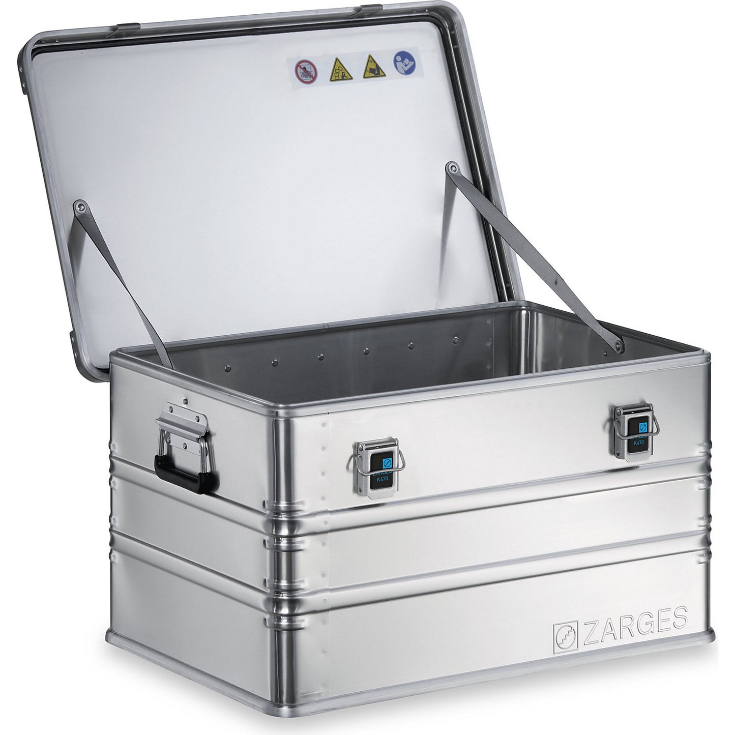 Aluminium transport case, capacity 121 l, internal LxWxH 690 x 460 x 380 mm, robust construction.