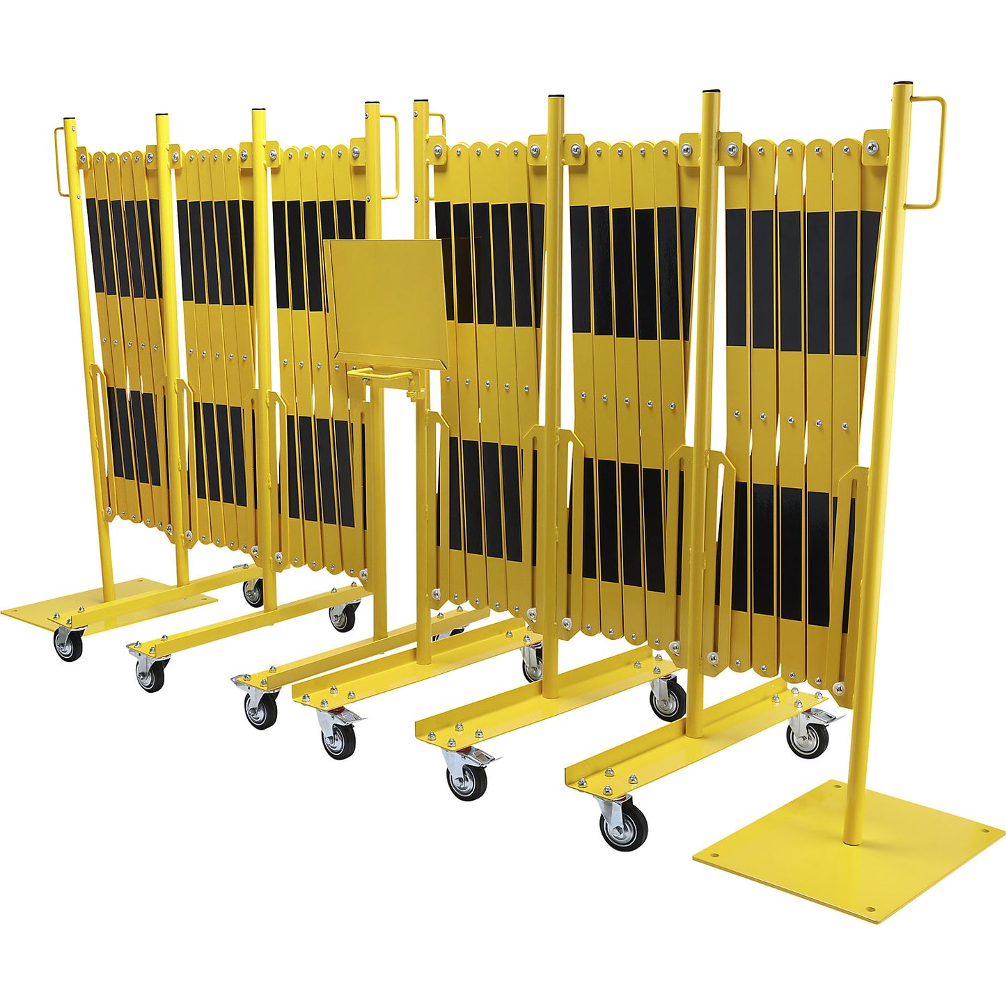 Expanding barrier, steel foot and castors, yellow / black, max. length 16000 mm.