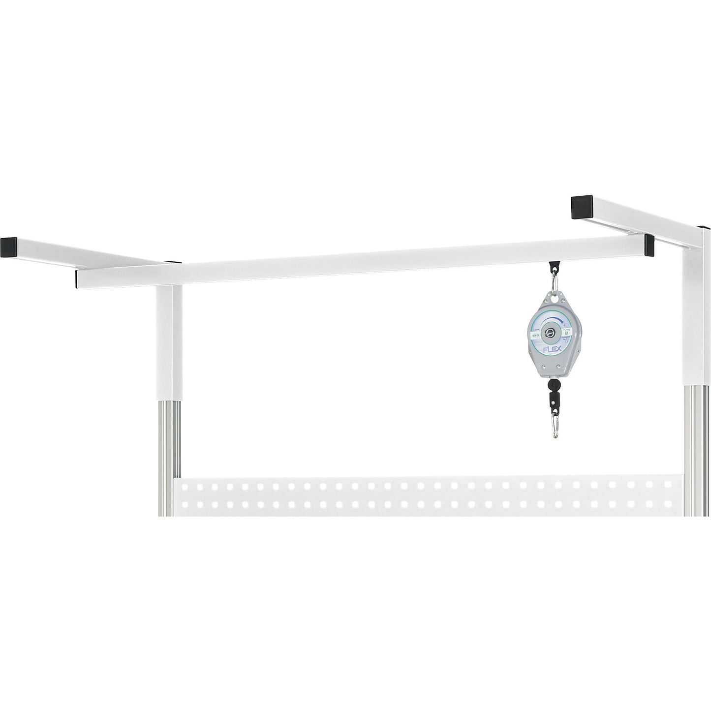 Carriage with carabiner, for modular add-on systems for RAU work tables and workbenches, with 8 rollers.