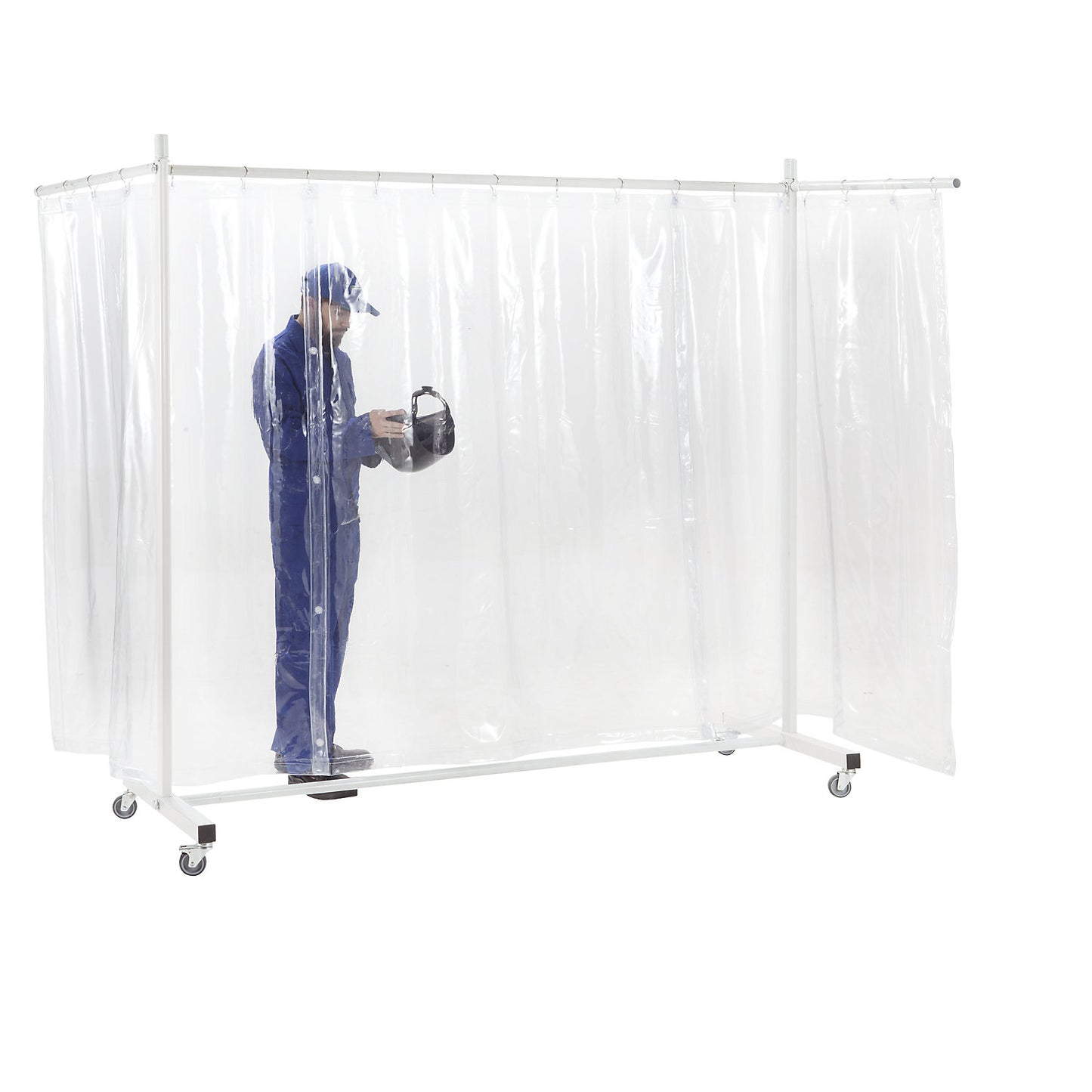 Protective screen, mobile, with tarp curtain, transparent, WxH 3700 x 2100 mm, 3-part.