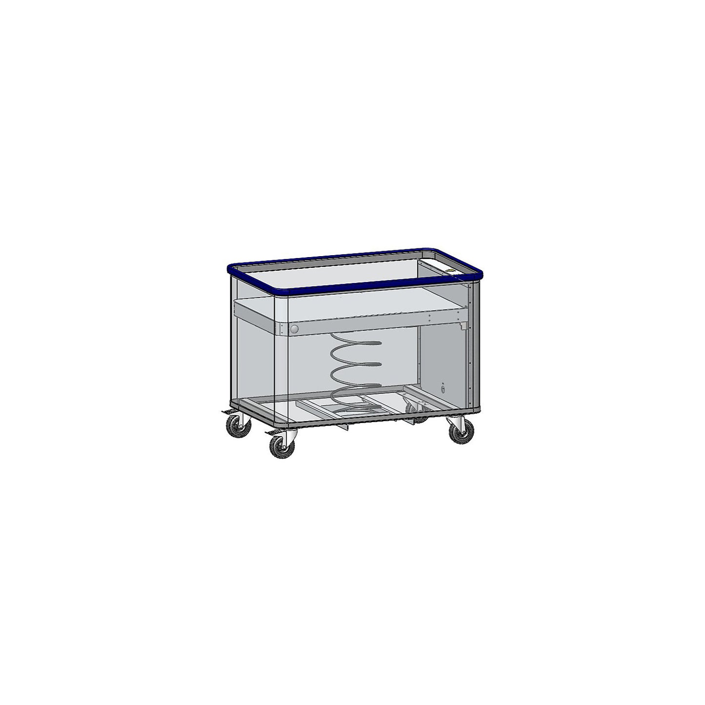 Aluminium spring loaded truck, external LxWxH 1115 x 690 x 855 mm, spring force 70 kg, 2 fixed castors and 2 swivel castors.