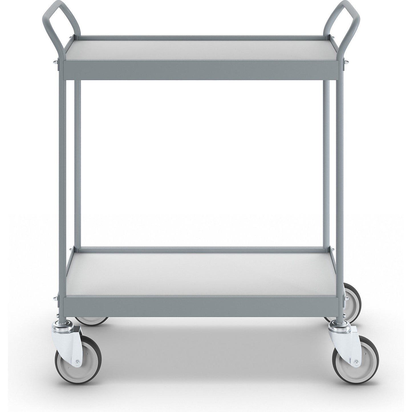 Serving trolley, platform 790 x 465 mm, max. load 75 kg, 2 shelves, 4 swivel castors.