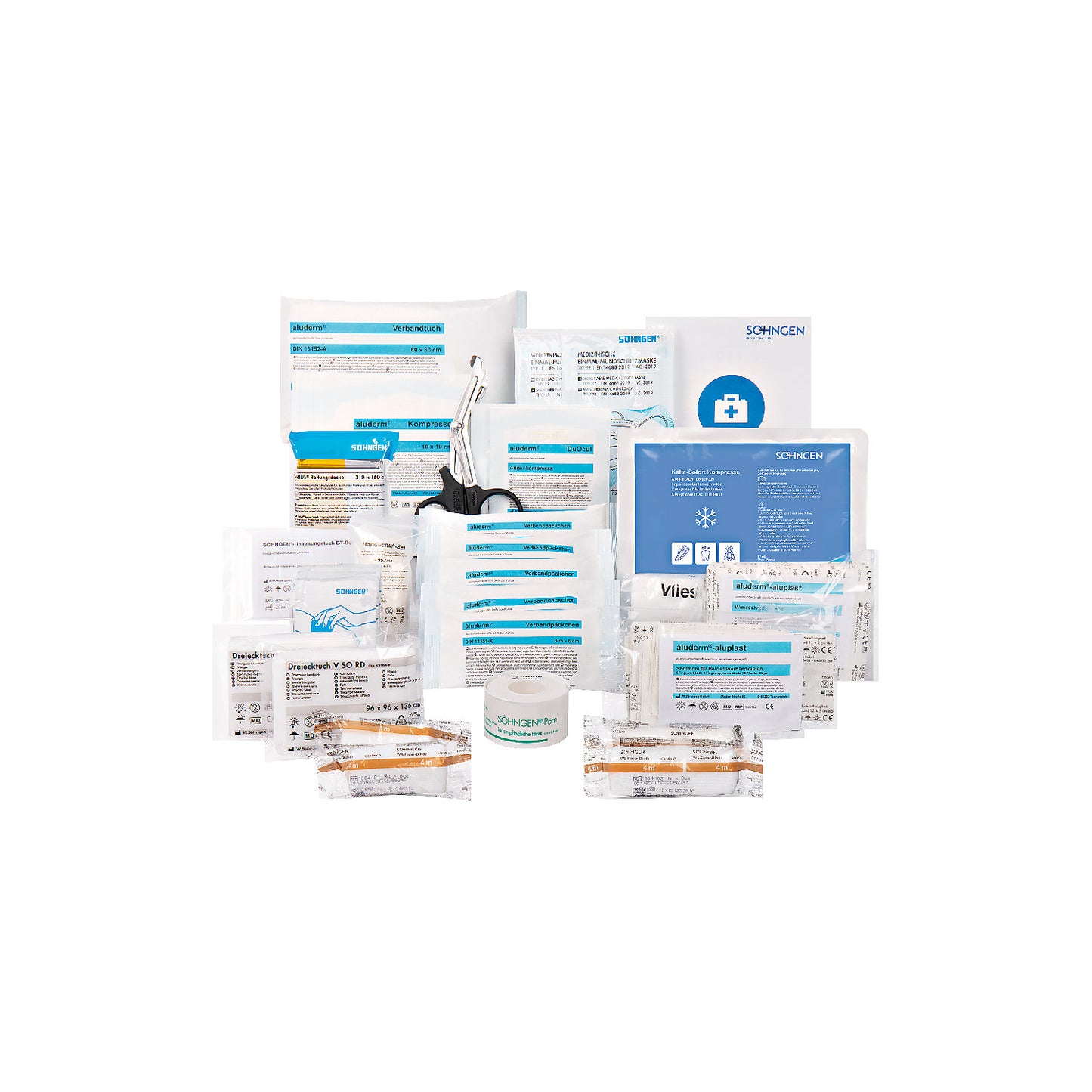 First aid materials to DIN 13157, contents to DIN 13157, for first aid kit.