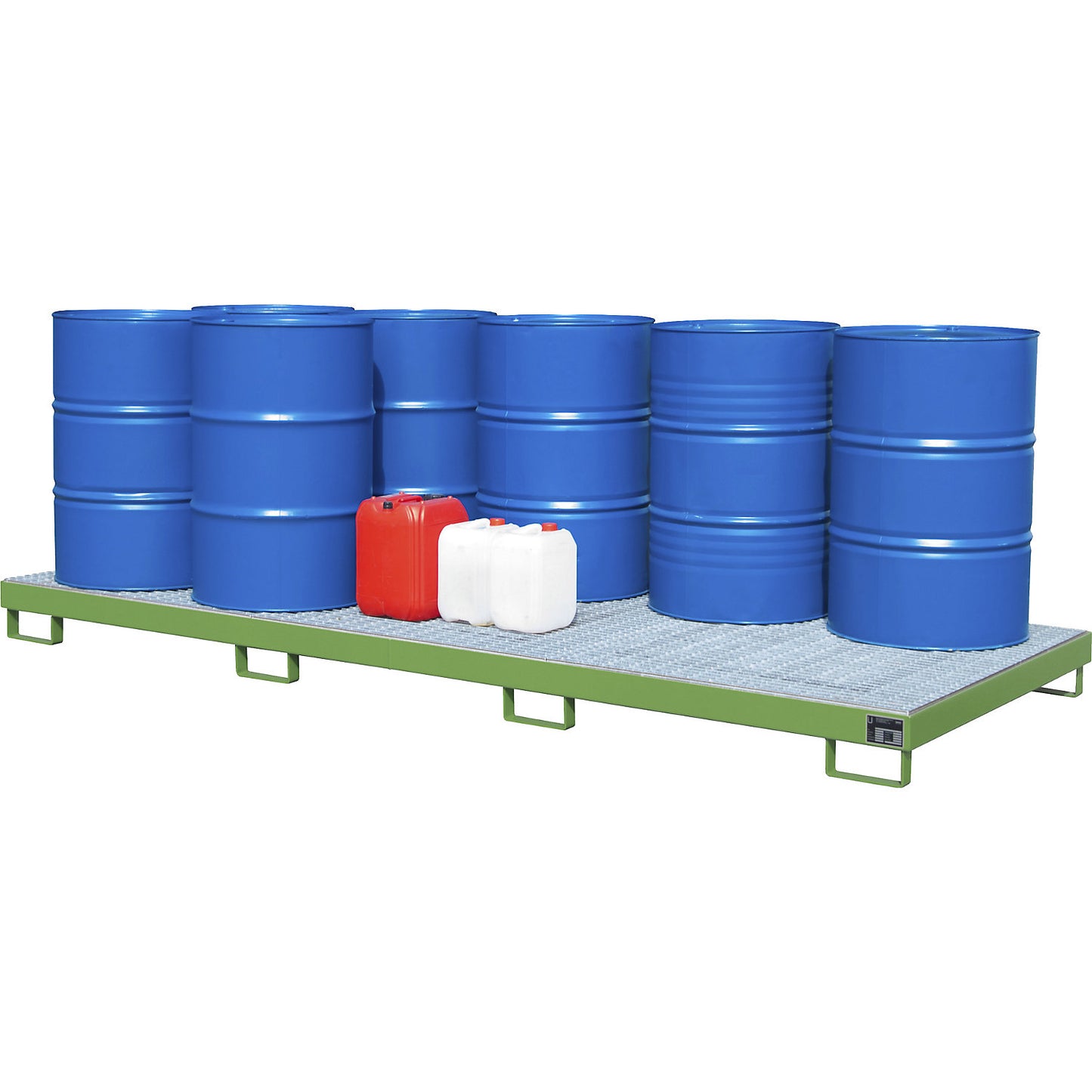 Steel sump tray, sump capacity 240 l, for 10 x 200 l drums, green.