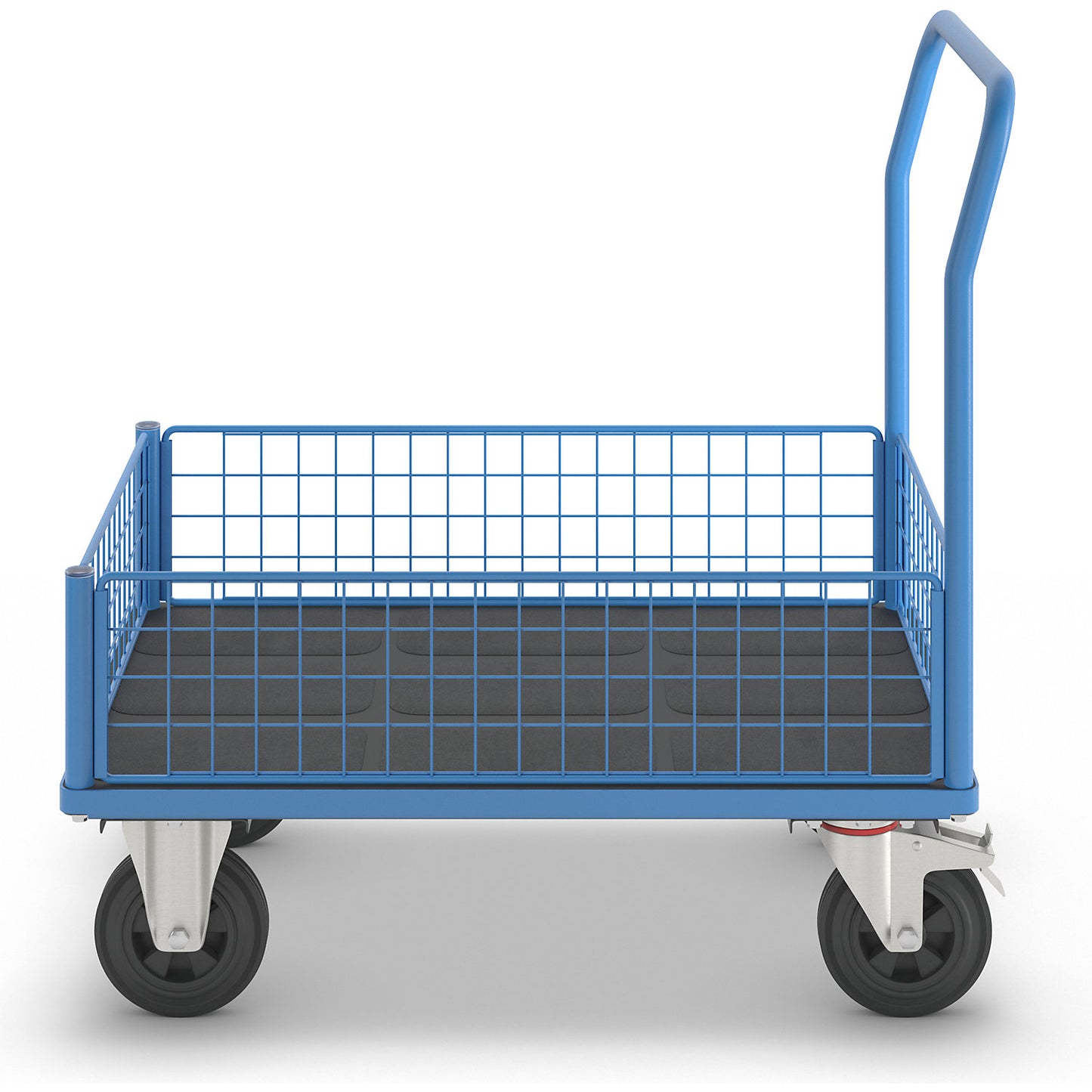 Platform truck with mesh panels, 4 half height mesh panels, LxW 1050 x 700 mm, solid rubber tyres.