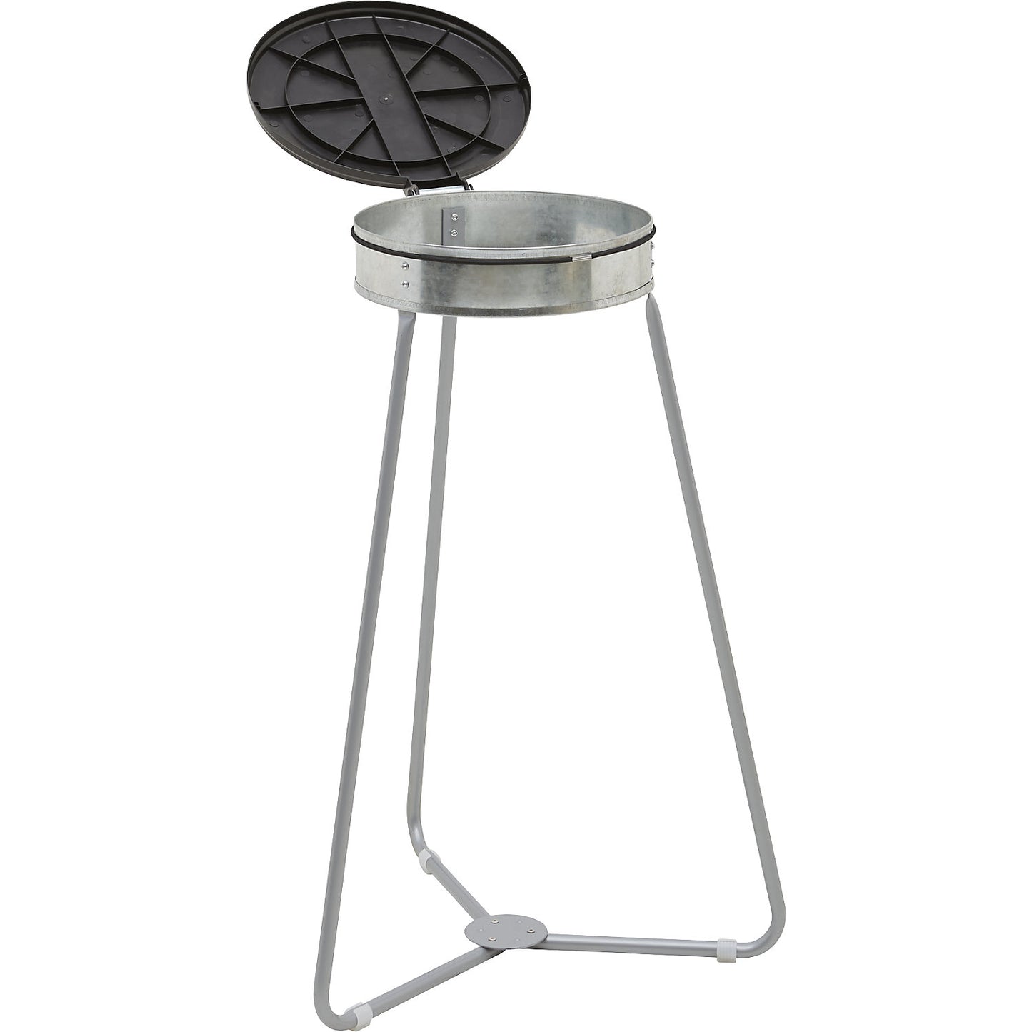 Steel waste sack holder with plastic lid, for capacities up to 120 l, three legged frame, black lid.