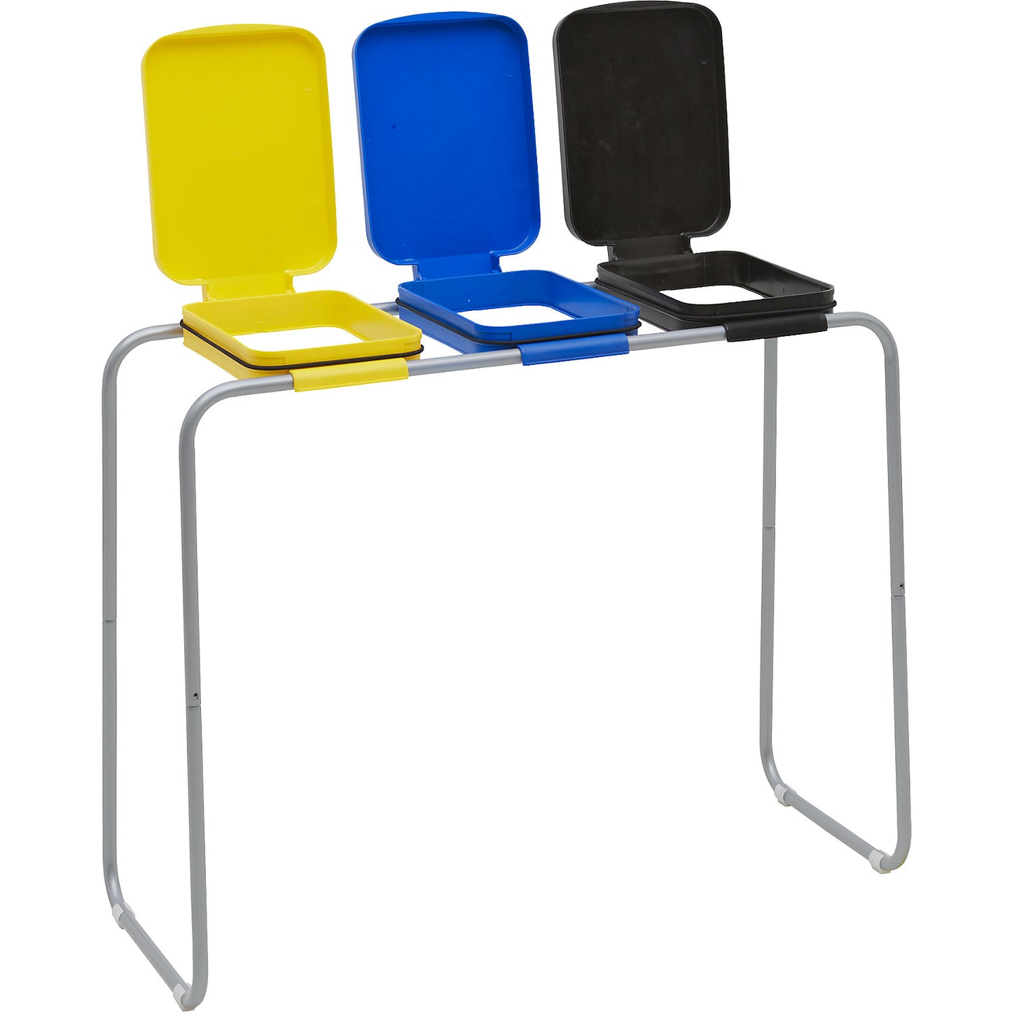 Steel waste sack holder with plastic lid, for capacities up to 3 x 120 l, static frame, blue, yellow, black lid.