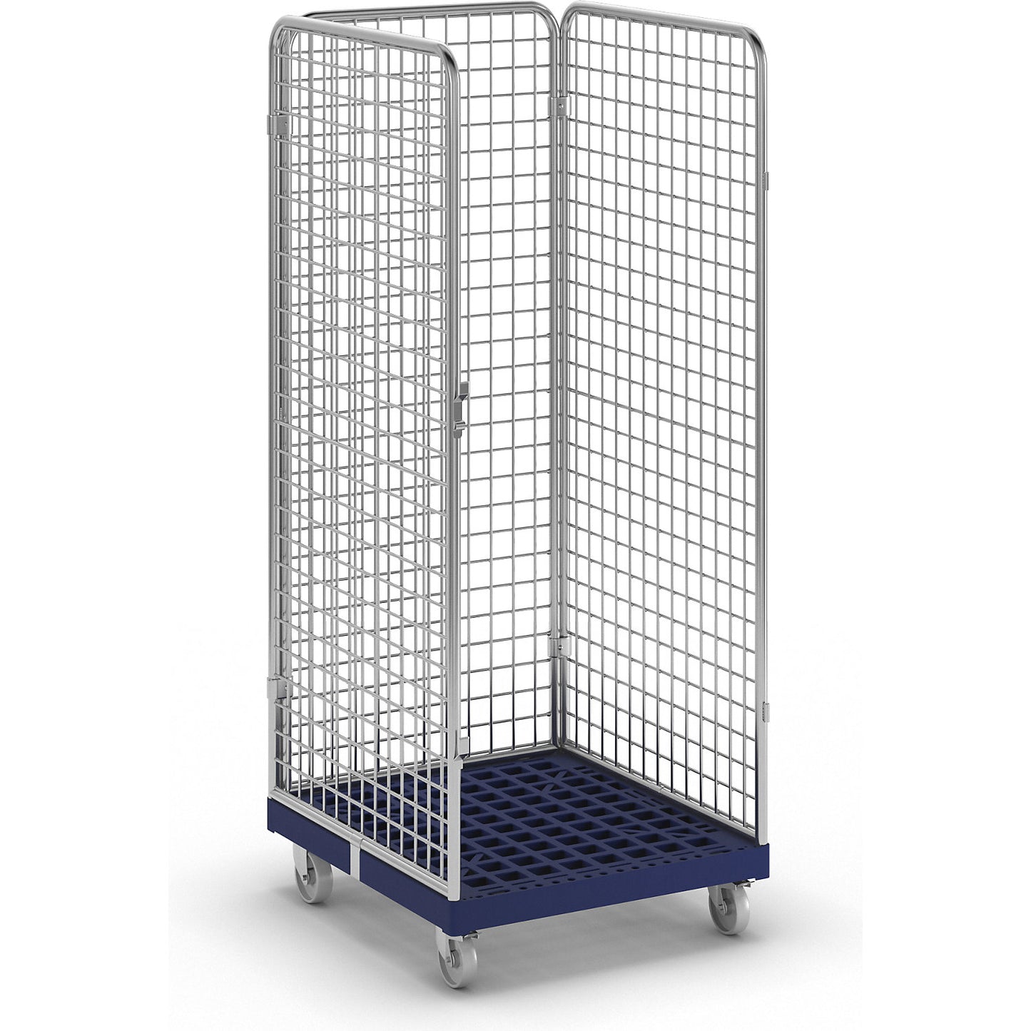 Wire mesh container with plastic dolly, 3-sided, effective height 1585 mm.