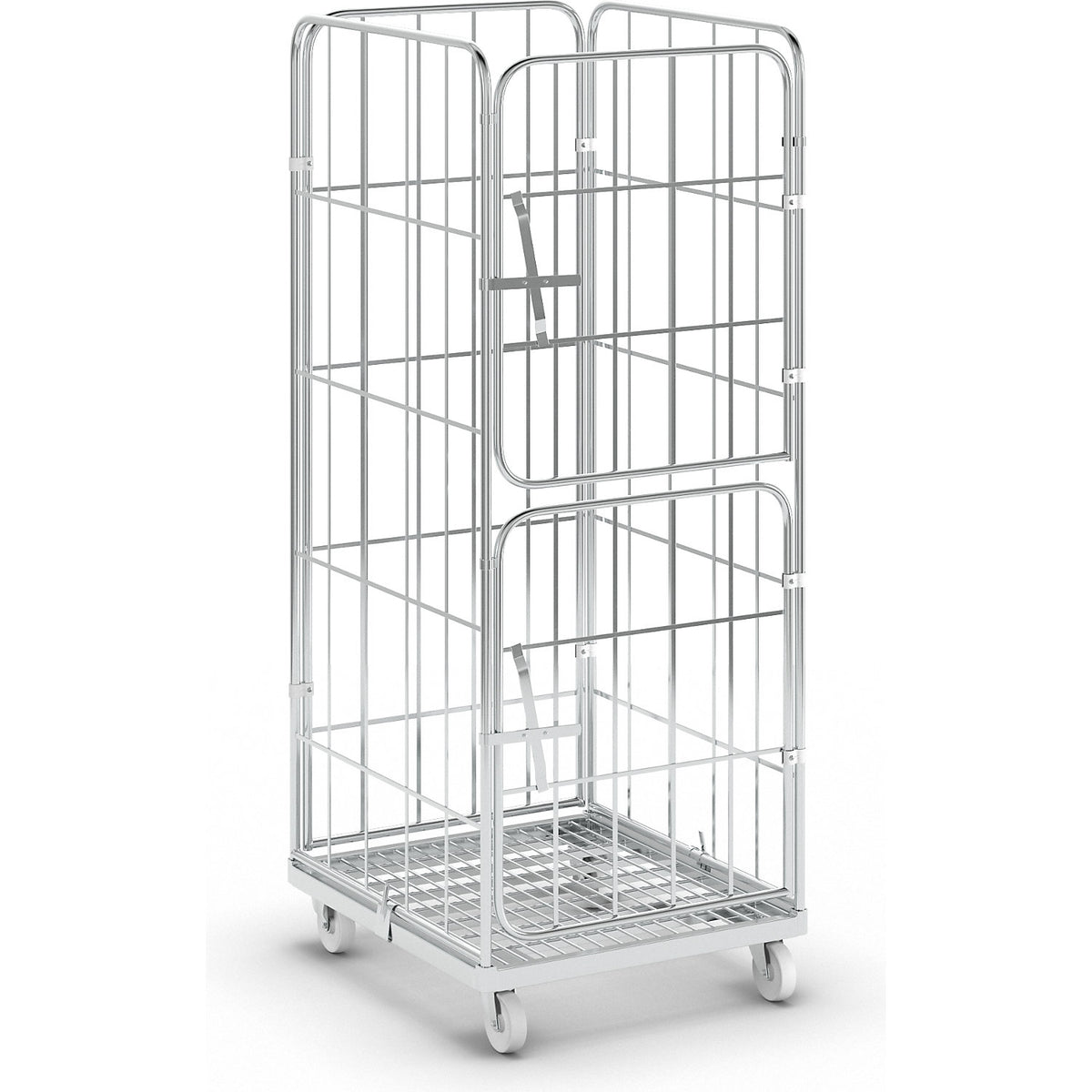 Steel roll container, 4-sided, overall height 1830 mm, 2 half front panels, individually hinged.