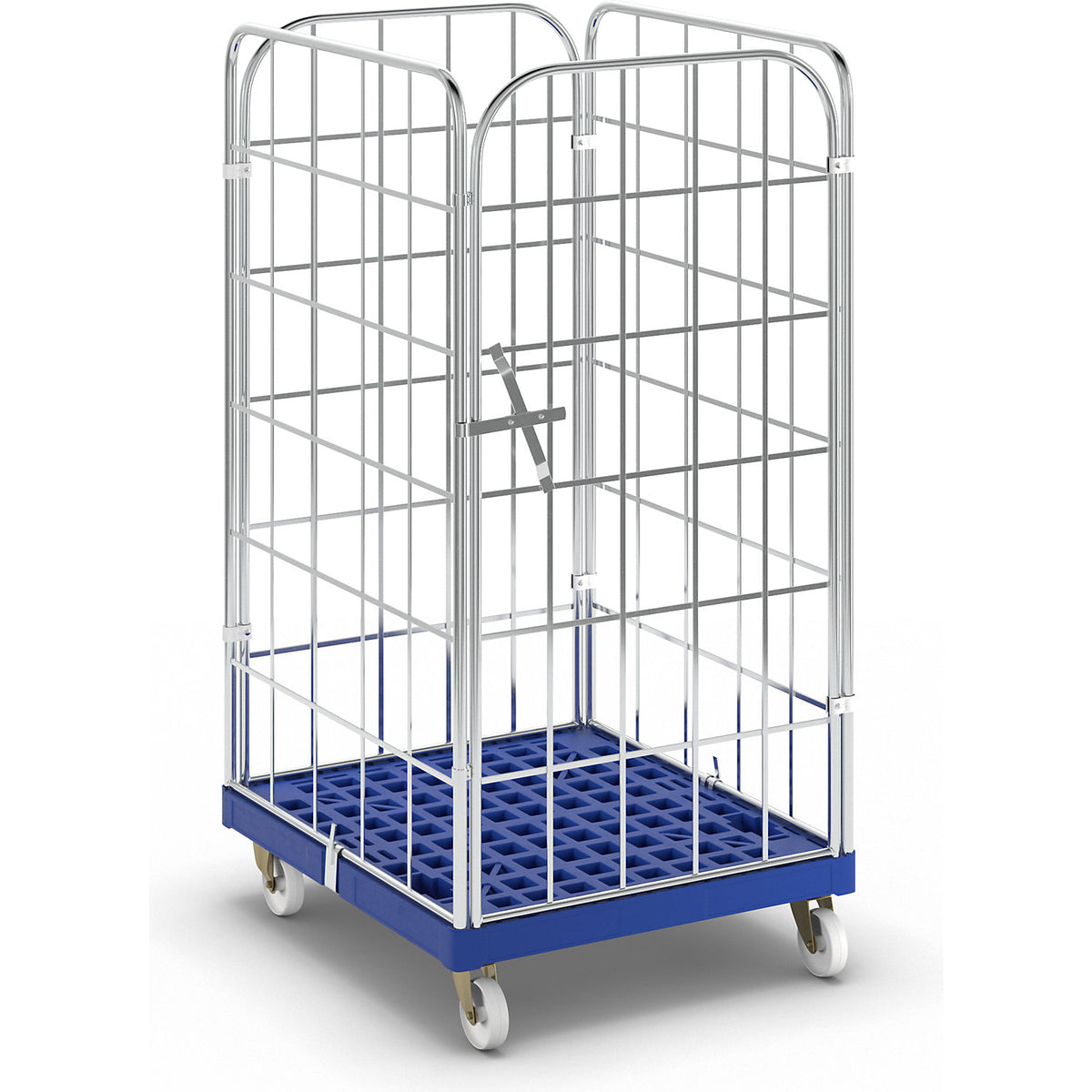 Roll container with plastic dolly, 4 sided, WxD 724 x 815 mm, single piece front panel, effective height 1460 mm.