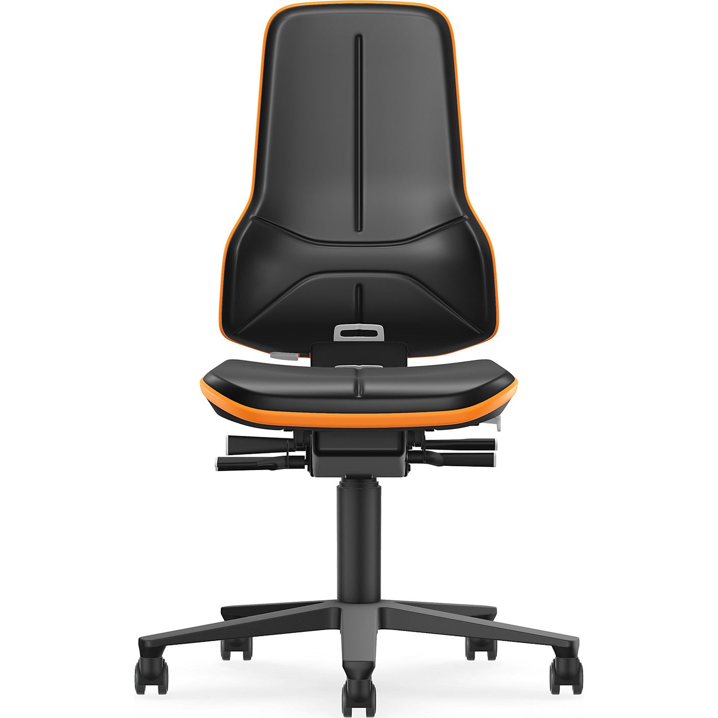 NEON ESD industrial swivel chair, castors, synchronous mechanism, vinyl, orange bumper.