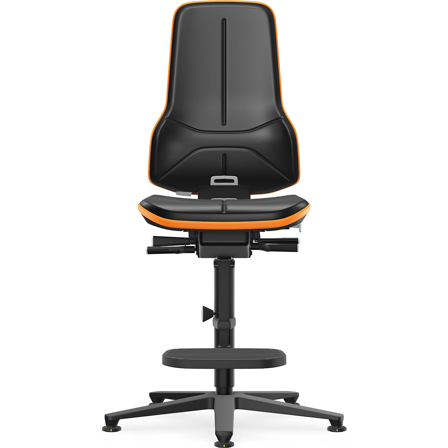 NEON ESD industrial swivel chair, floor glides, step-up, synchronous mechanism, vinyl, orange bumper.