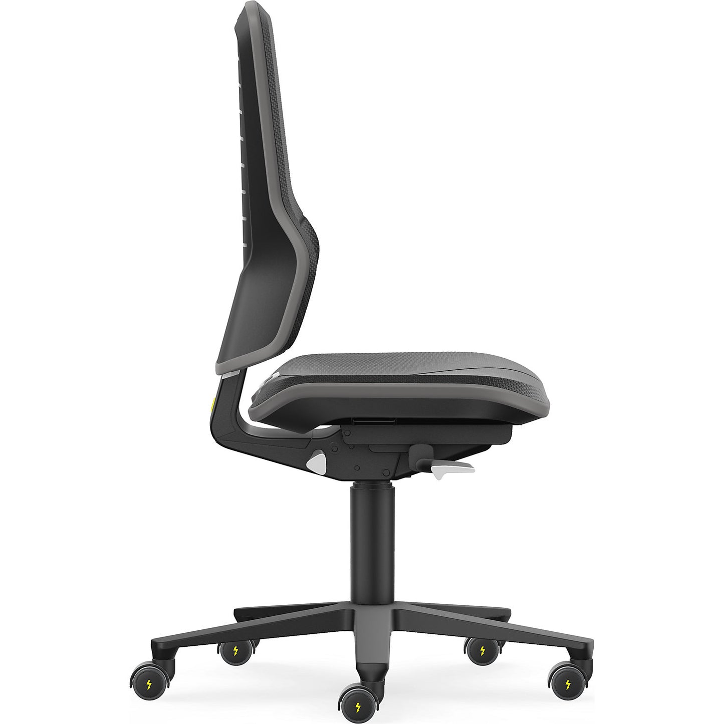 NEON ESD industrial swivel chair, castors, synchronous mechanism, skintec, grey bumper.