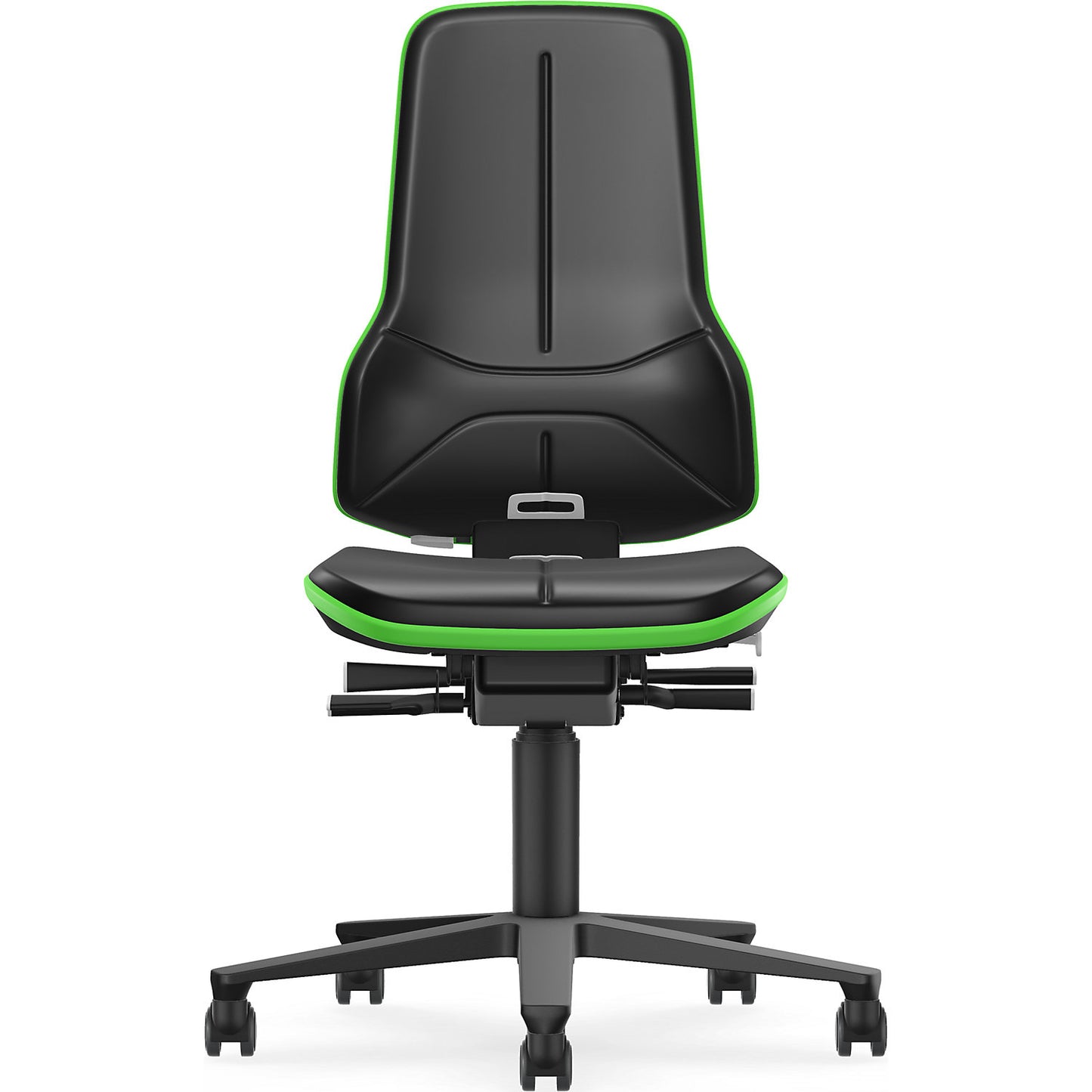NEON ESD industrial swivel chair, castors, synchronous mechanism, vinyl, green bumper.