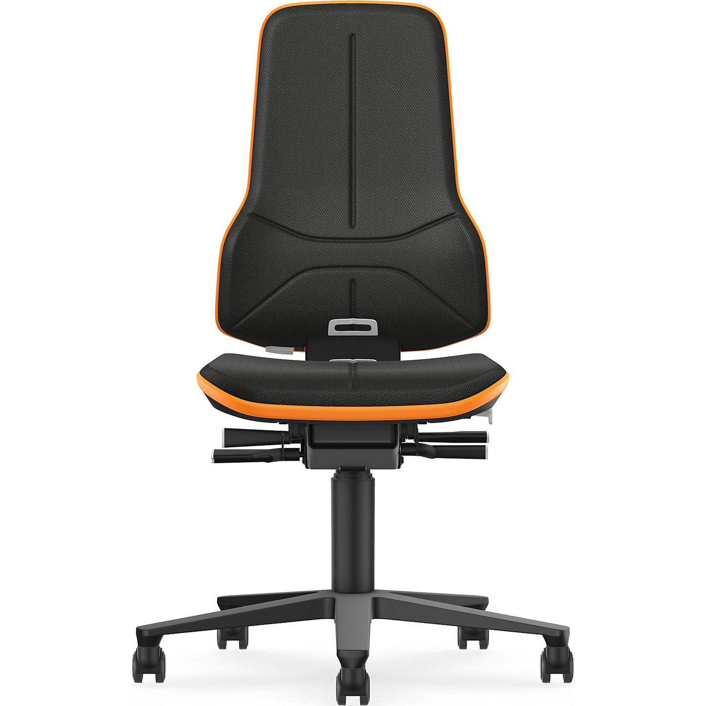 NEON ESD industrial swivel chair, castors, synchronous mechanism, fabric, orange bumper.