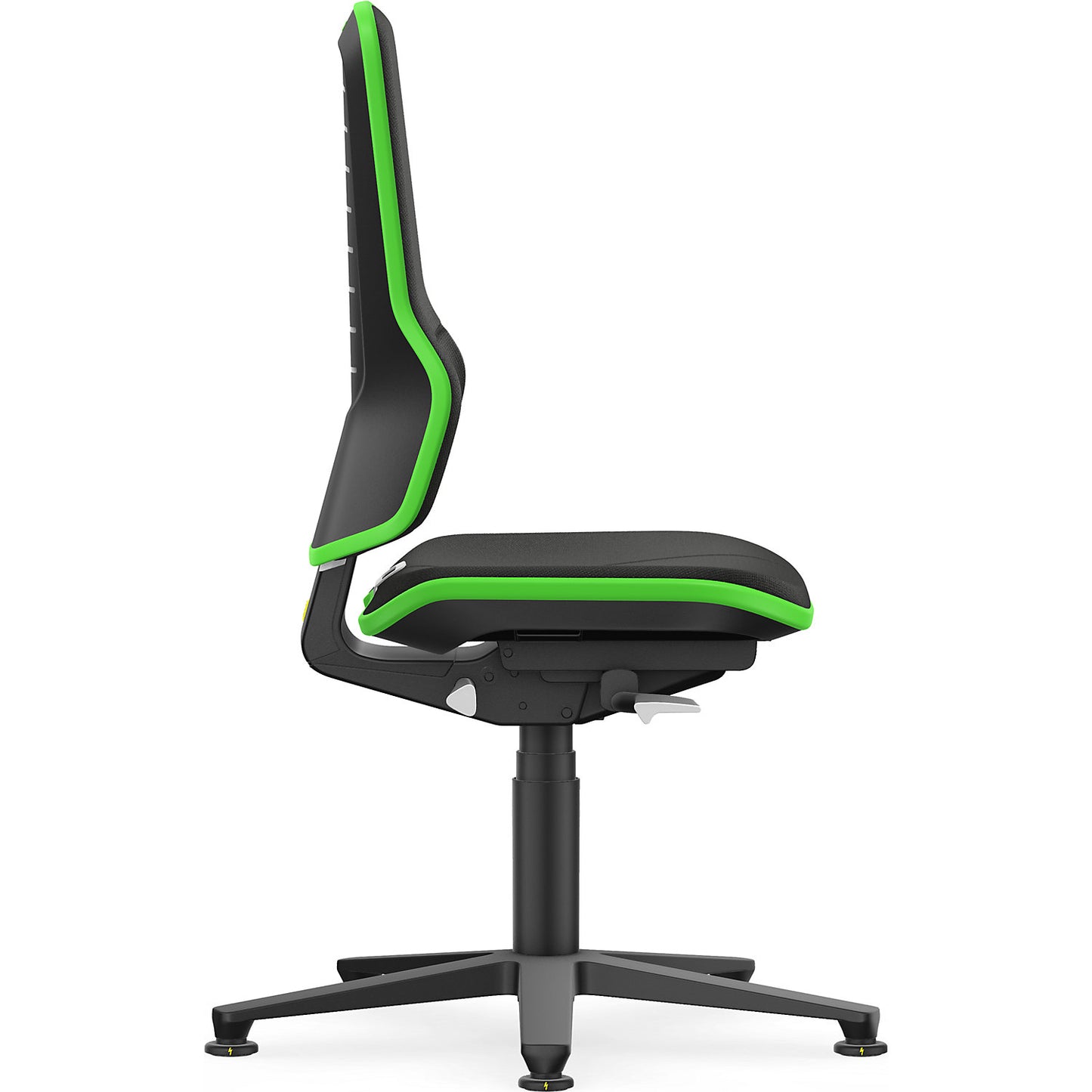 NEON ESD industrial swivel chair, floor glides, synchronous mechanism, fabric, green bumper.